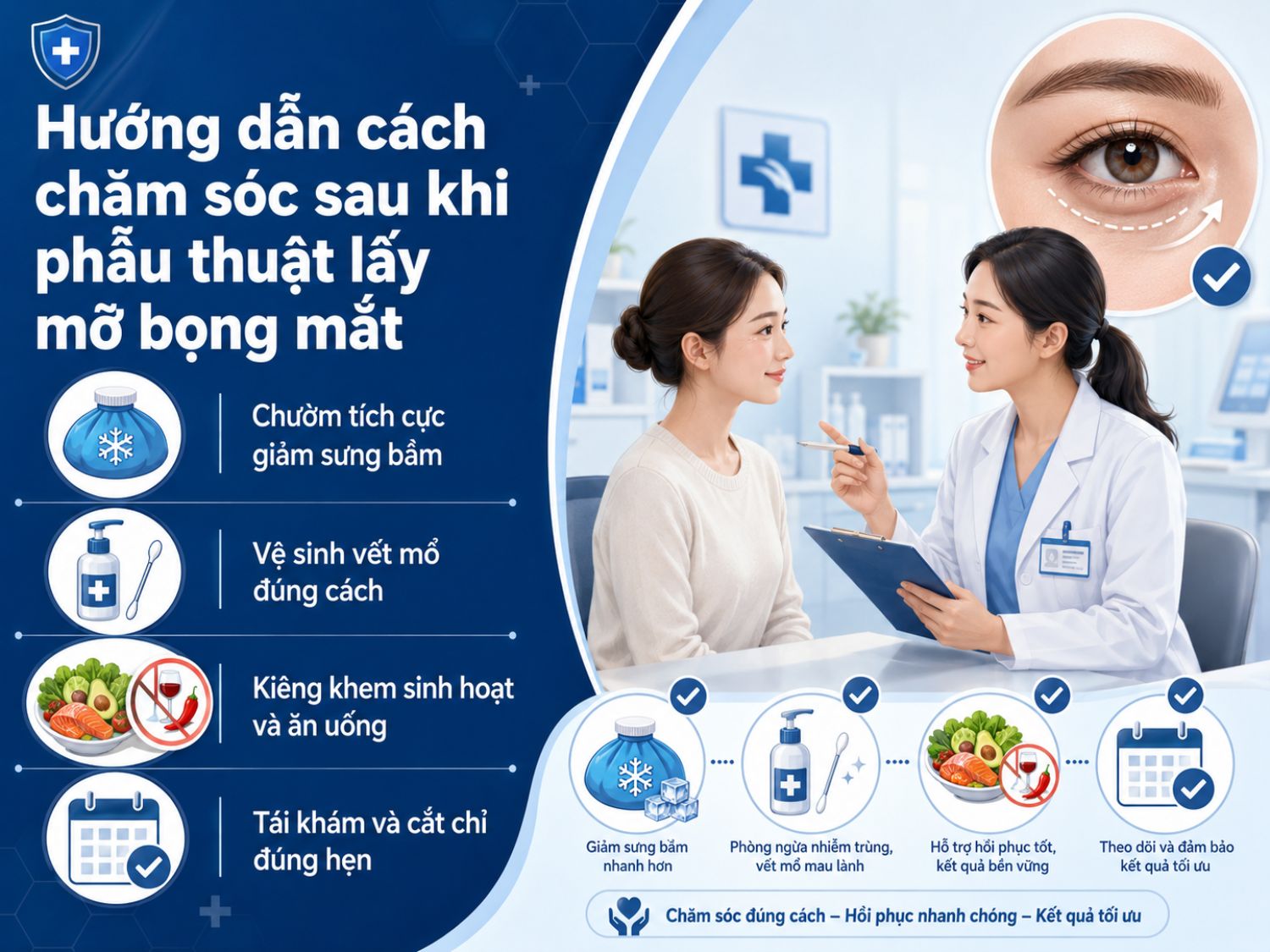 Sau phẫu thuật lấy mỡ bọng mắt, cần chườm lạnh đúng cách, vệ sinh vết mổ sạch sẽ, kiêng khem sinh hoạt – ăn uống hợp lý và tái khám, cắt chỉ đúng lịch để hỗ trợ hồi phục tốt hơn.