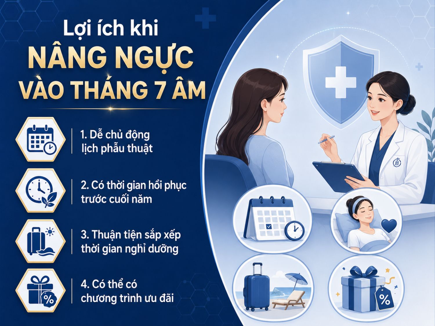 Nâng ngực vào tháng 7 âm có thể giúp khách hàng dễ sắp xếp lịch phẫu thuật, chủ động thời gian nghỉ dưỡng, kịp hồi phục trước cuối năm và đôi khi còn có cơ hội tiếp cận các chương trình ưu đãi từ cơ sở thẩm mỹ.