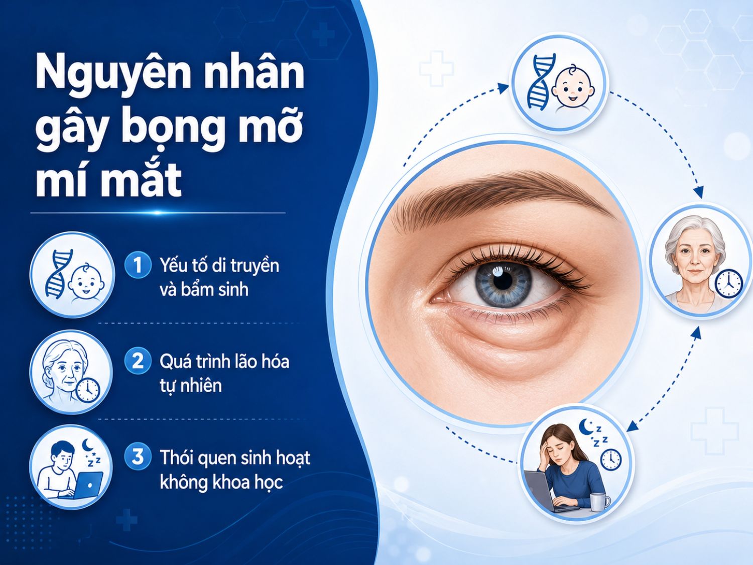 Bọng mỡ mí mắt có thể hình thành do cơ địa di truyền, quá trình lão hóa theo tuổi tác hoặc các thói quen sinh hoạt không khoa học như thức khuya, ngủ không đủ giấc và làm việc kéo dài.