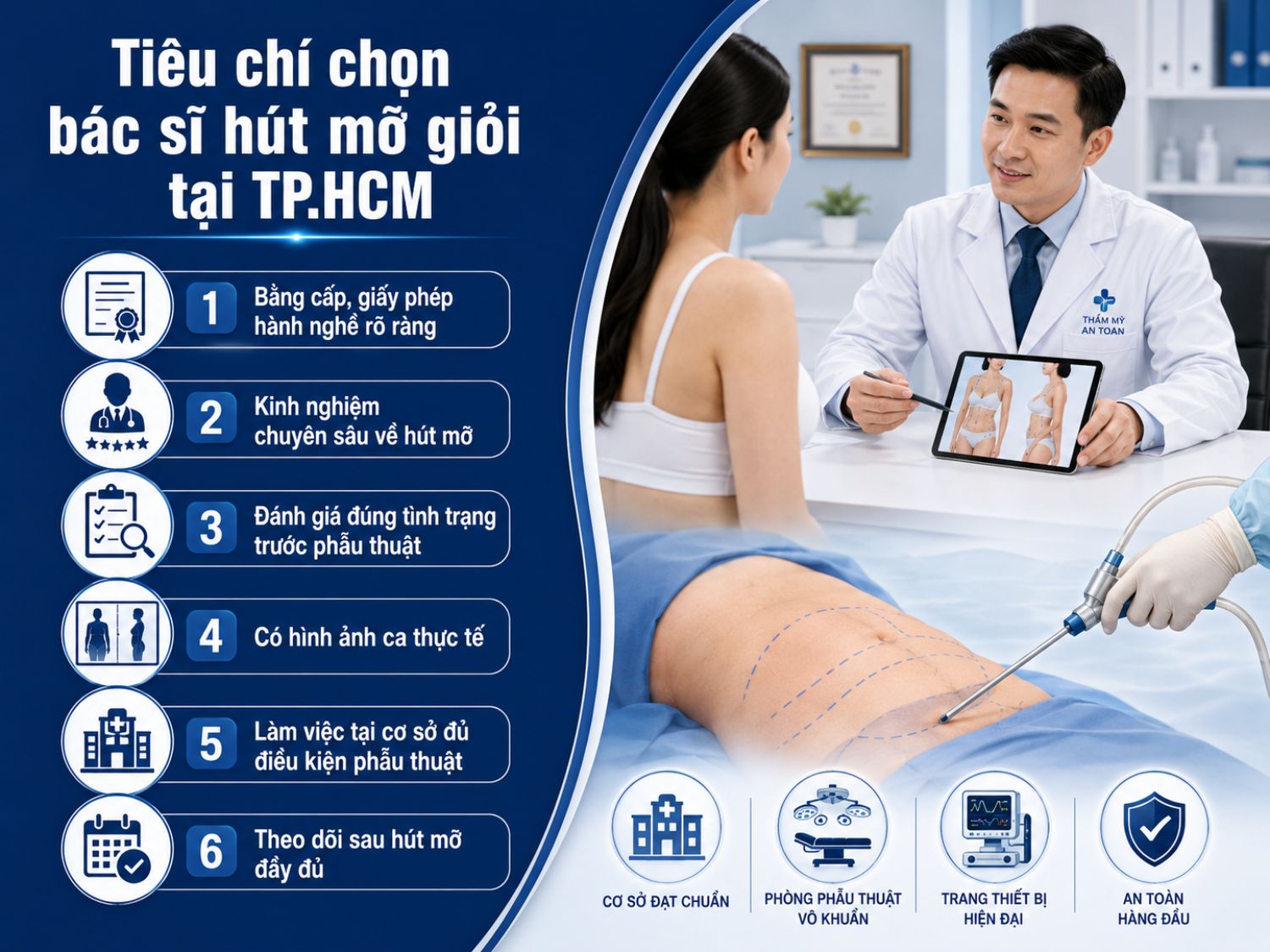 Khi chọn bác sĩ hút mỡ tại TP.HCM, khách hàng nên ưu tiên bác sĩ có bằng cấp rõ ràng, kinh nghiệm chuyên sâu, khả năng đánh giá đúng tình trạng trước phẫu thuật và làm việc tại cơ sở đủ điều kiện an toàn. Việc theo dõi sau hút mỡ đầy đủ cũng là tiêu chí quan trọng để đảm bảo hiệu quả và hạn chế rủi ro.