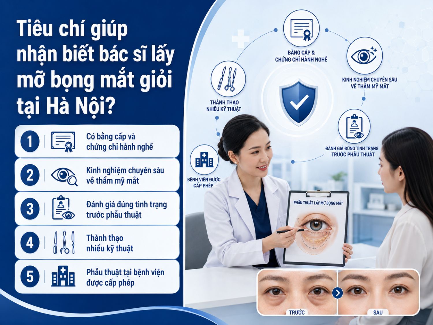 Để chọn bác sĩ lấy mỡ bọng mắt giỏi tại Hà Nội, nên ưu tiên người có bằng cấp – chứng chỉ hành nghề rõ ràng, kinh nghiệm chuyên sâu về thẩm mỹ mắt, khả năng đánh giá chính xác trước phẫu thuật, thành thạo nhiều kỹ thuật và thực hiện tại bệnh viện được cấp phép.