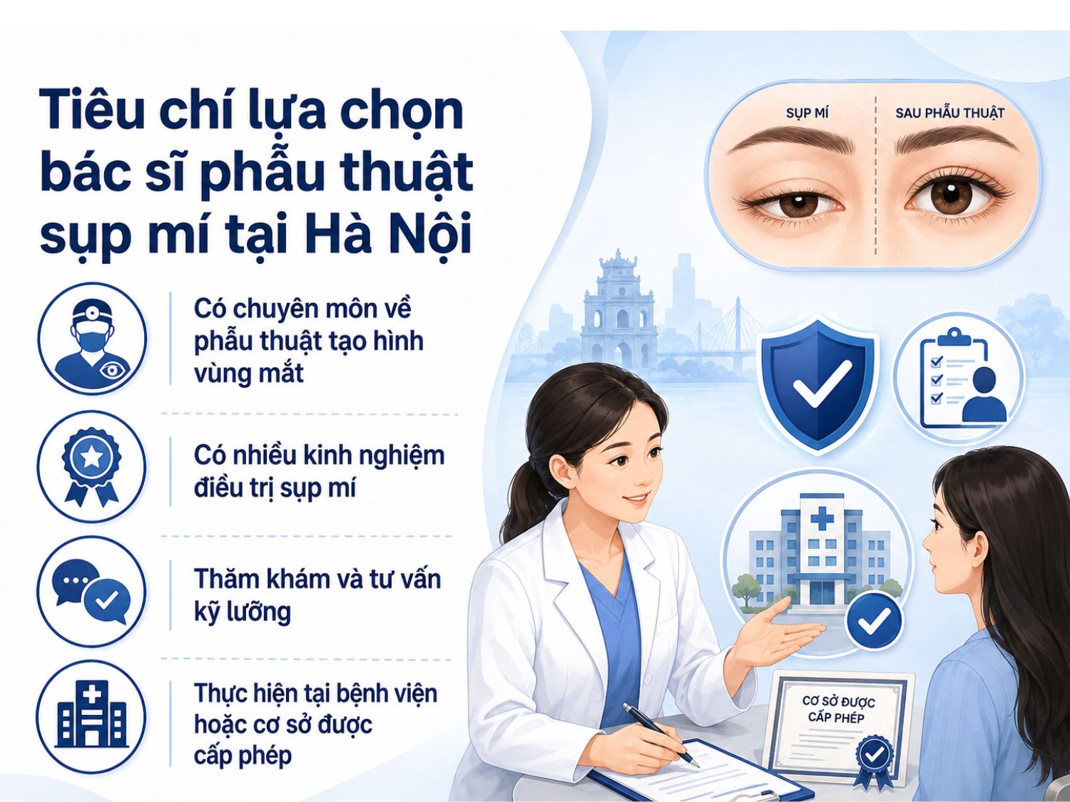 Khi chọn bác sĩ phẫu thuật sụp mí tại Hà Nội, nên ưu tiên người có chuyên môn tạo hình vùng mắt, kinh nghiệm điều trị thực tế, quy trình thăm khám rõ ràng và thực hiện tại bệnh viện hoặc cơ sở đã được cấp phép.