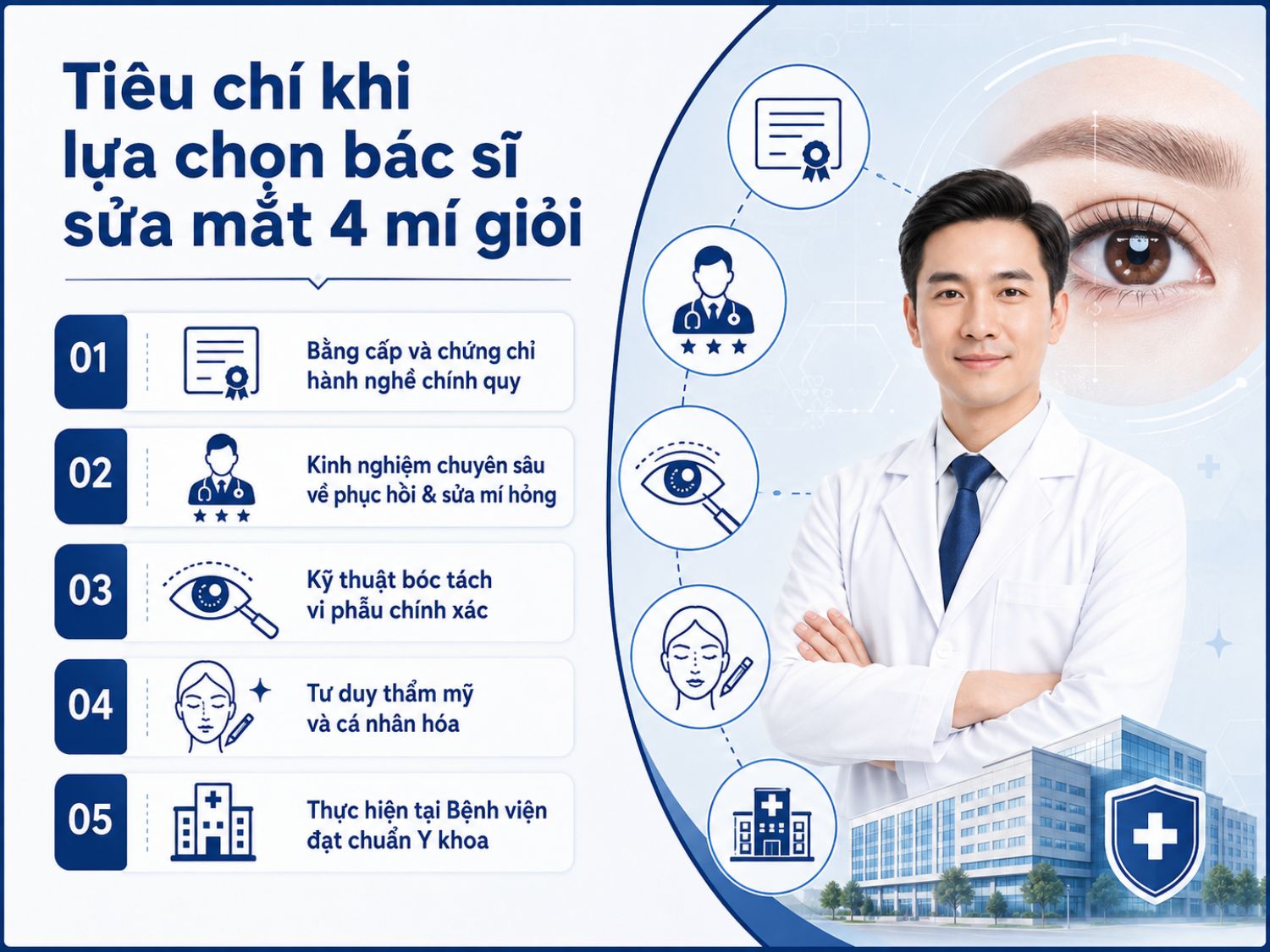 5 tiêu chí quan trọng khi lựa chọn bác sĩ sửa mắt 4 mí gồm bằng cấp chính quy, kinh nghiệm phục hồi mí hỏng, kỹ thuật bóc tách chính xác, tư duy thẩm mỹ cá nhân hóa và thực hiện tại bệnh viện đạt chuẩn y khoa.