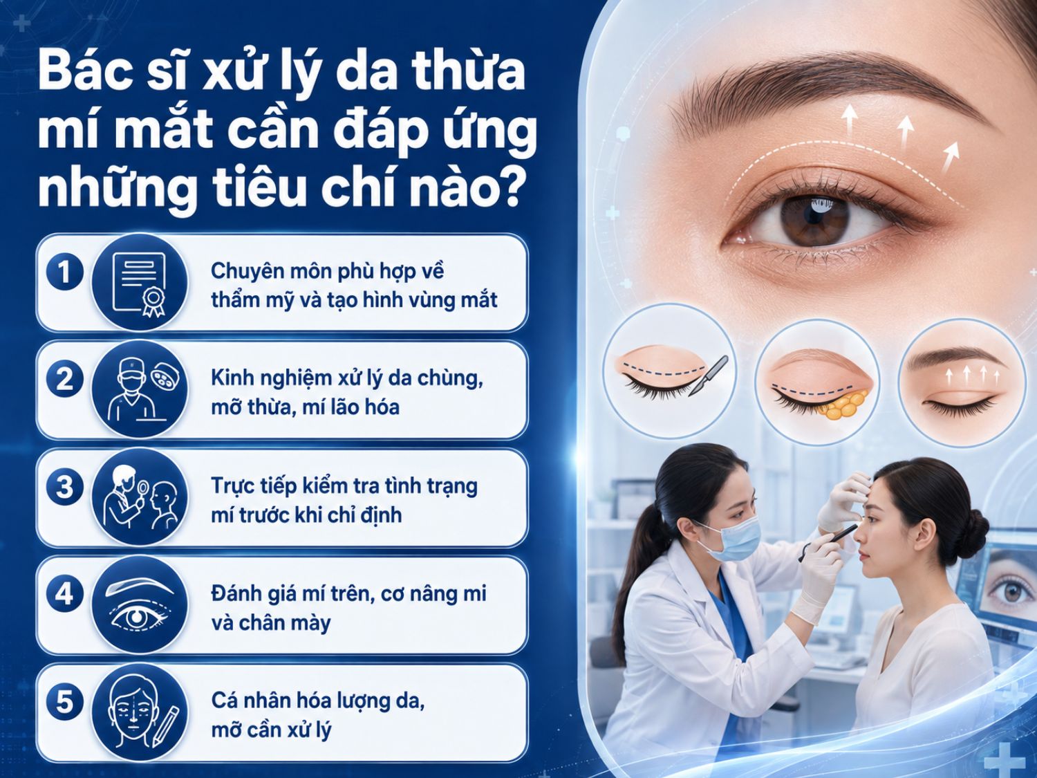 Bác sĩ xử lý da thừa mí mắt nên có chuyên môn về thẩm mỹ vùng mắt, kinh nghiệm xử lý da chùng và mỡ thừa, đồng thời trực tiếp thăm khám để đánh giá mí trên, cơ nâng mi, chân mày và cá nhân hóa phương án điều trị.