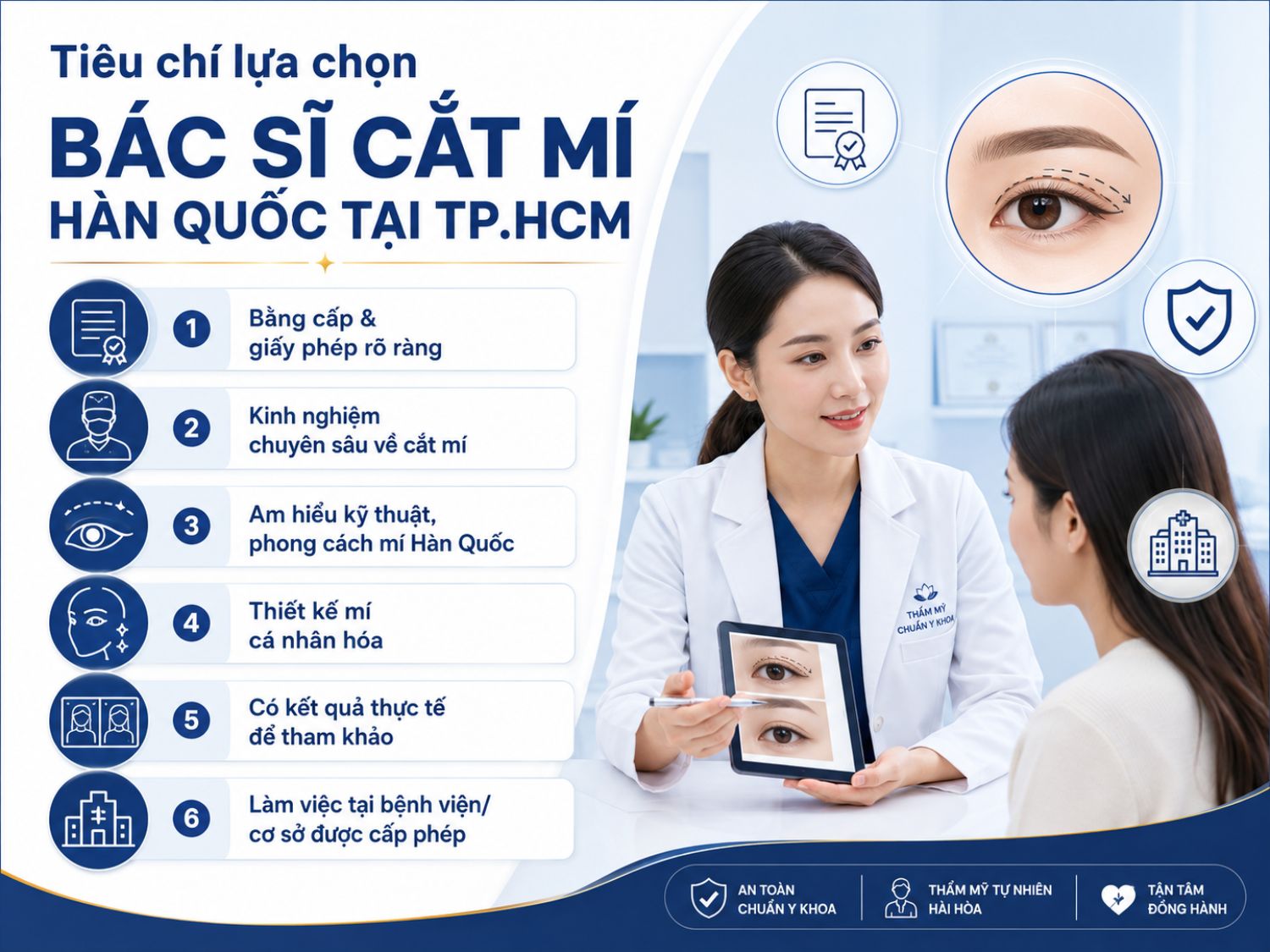 Khi lựa chọn bác sĩ cắt mí Hàn Quốc tại TP.HCM, khách hàng nên ưu tiên các tiêu chí như bằng cấp rõ ràng, kinh nghiệm chuyên sâu, khả năng thiết kế mí phù hợp từng gương mặt và làm việc tại bệnh viện hoặc cơ sở thẩm mỹ được cấp phép.