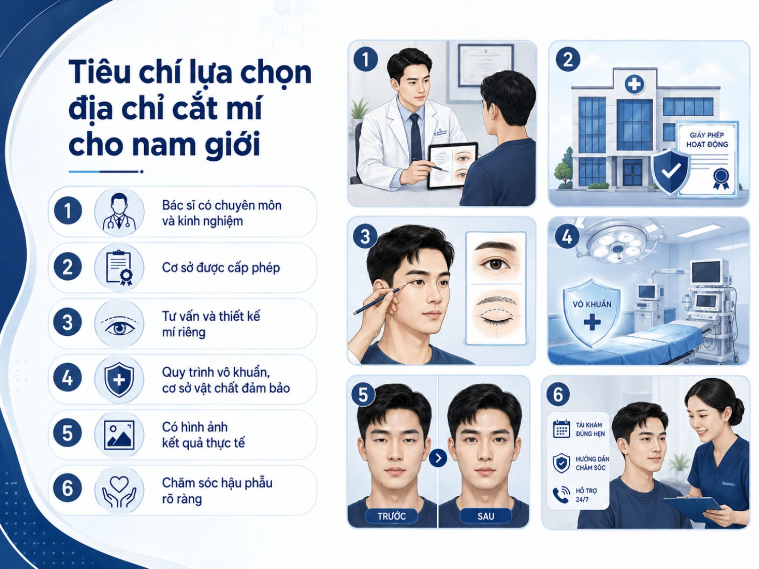 Khi chọn địa chỉ cắt mí cho nam giới, cần ưu tiên cơ sở được cấp phép, bác sĩ giàu kinh nghiệm, quy trình an toàn và có chế độ chăm sóc hậu phẫu rõ ràng để đảm bảo kết quả thẩm mỹ tự nhiên.