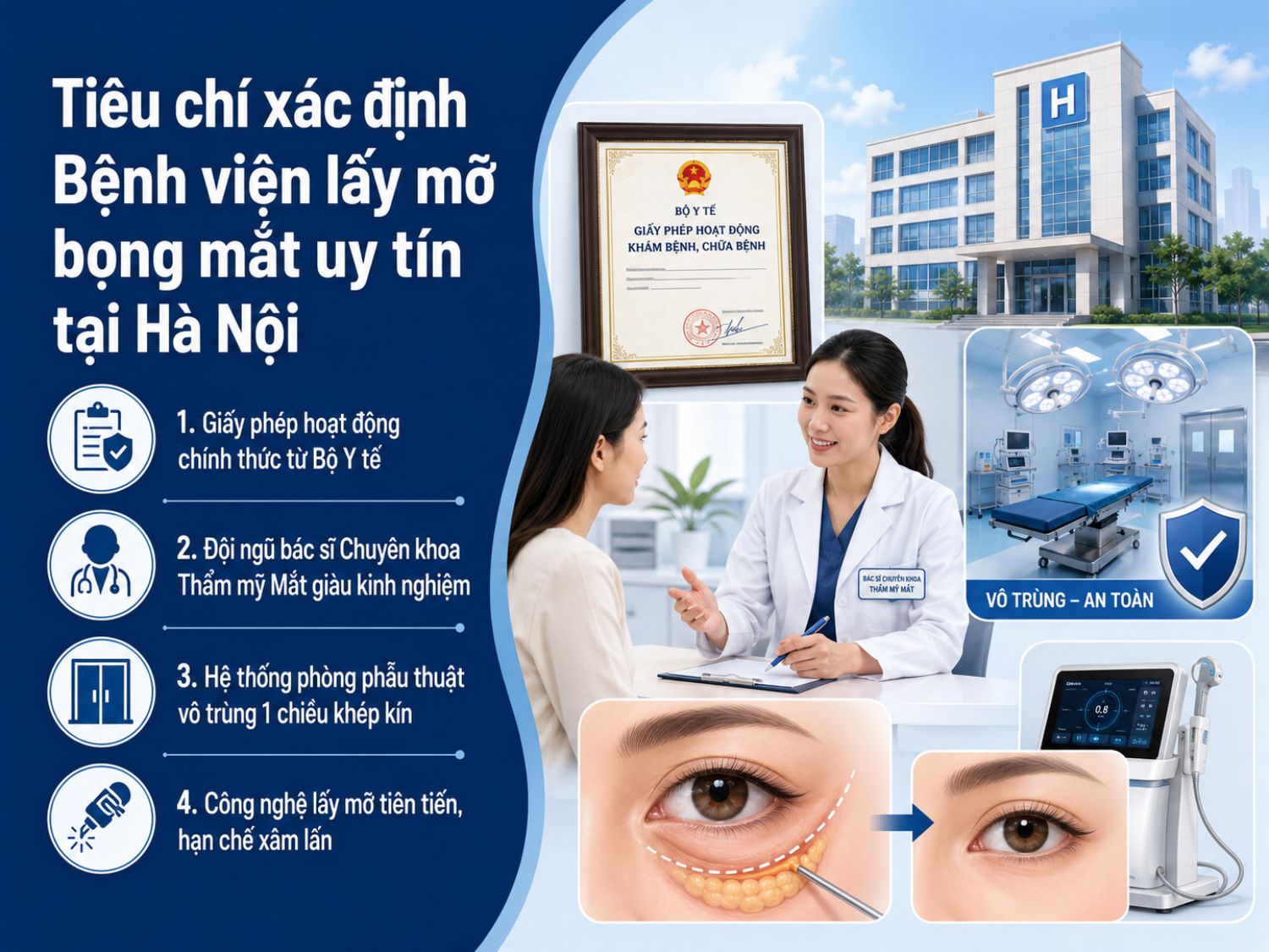 Một bệnh viện lấy mỡ bọng mắt uy tín tại Hà Nội cần có giấy phép hoạt động chính thức, đội ngũ bác sĩ chuyên khoa thẩm mỹ mắt giàu kinh nghiệm, hệ thống phòng phẫu thuật vô trùng khép kín và công nghệ lấy mỡ hiện đại, hạn chế xâm lấn.