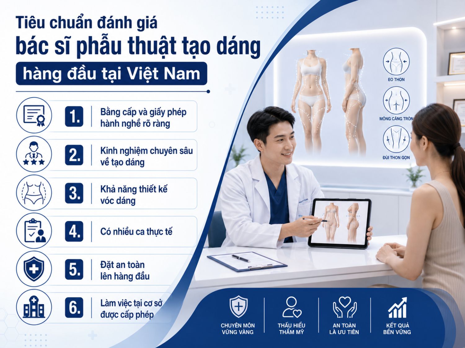 Để đánh giá một bác sĩ phẫu thuật tạo dáng giỏi, khách hàng nên xem xét các tiêu chí quan trọng như trình độ chuyên môn, kinh nghiệm thực tế, khả năng thiết kế vóc dáng hài hòa và yếu tố an toàn trong toàn bộ quá trình phẫu thuật. Bác sĩ làm việc tại cơ sở được cấp phép và có nhiều ca thực tế tham khảo sẽ giúp khách hàng yên tâm hơn khi lựa chọn.