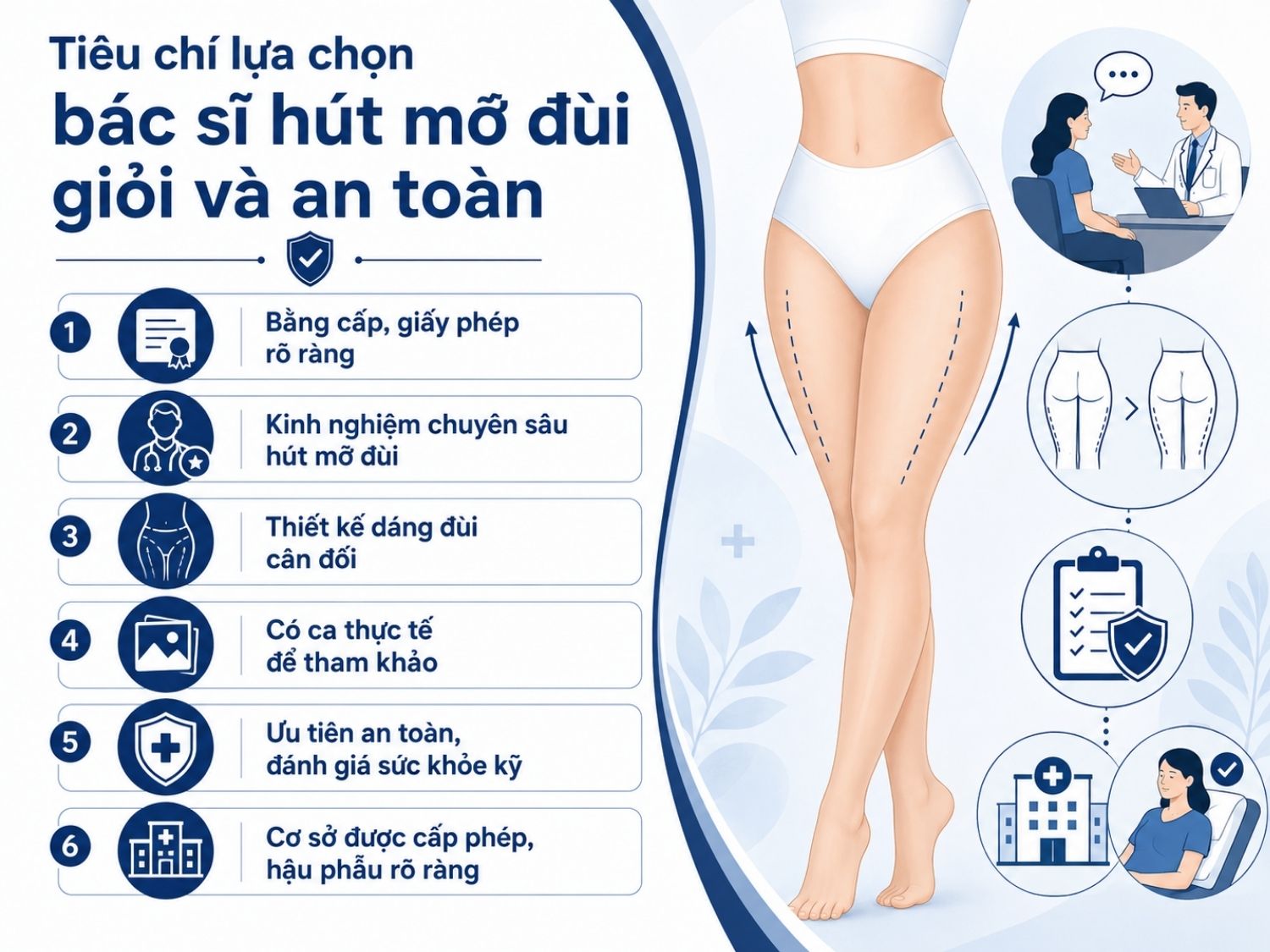 Khi lựa chọn bác sĩ hút mỡ đùi, khách hàng nên ưu tiên bác sĩ có bằng cấp rõ ràng, kinh nghiệm chuyên sâu và khả năng thiết kế dáng đùi cân đối thay vì chỉ hút thật nhiều mỡ. Bên cạnh đó, yếu tố an toàn, cơ sở phẫu thuật được cấp phép và chế độ theo dõi hậu phẫu đầy đủ cũng rất quan trọng.