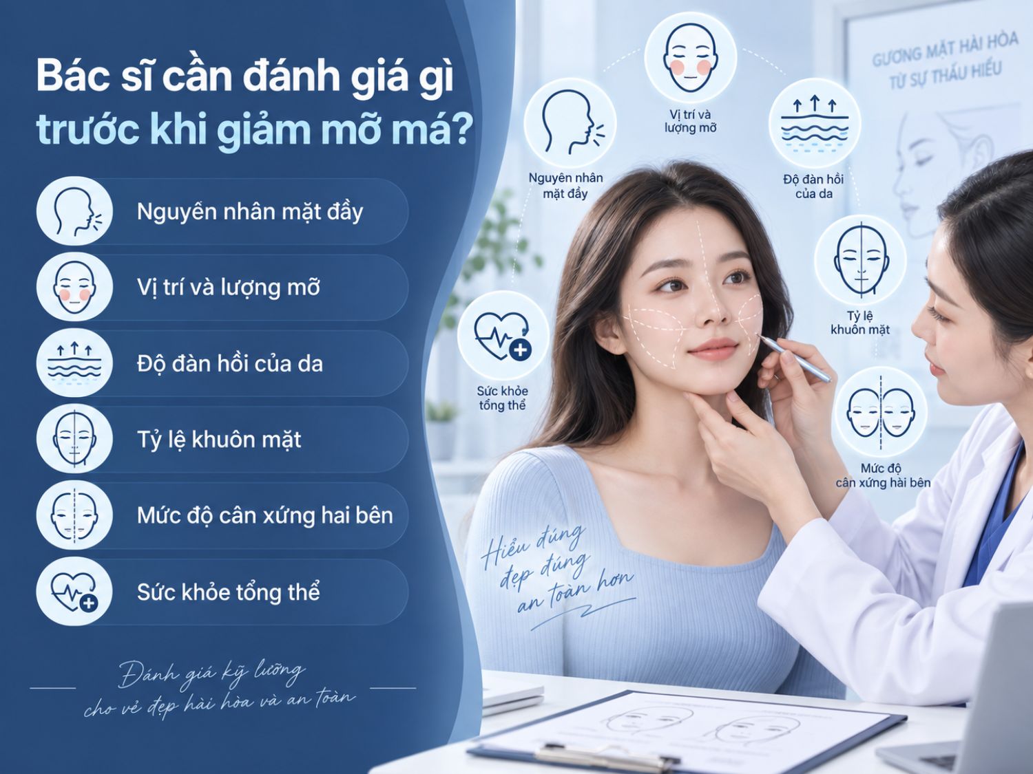 Các yếu tố bác sĩ cần đánh giá trước khi giảm mỡ má gồm nguyên nhân mặt đầy, vị trí và lượng mỡ, độ đàn hồi da, tỷ lệ khuôn mặt, mức độ cân xứng hai bên và sức khỏe tổng thể.