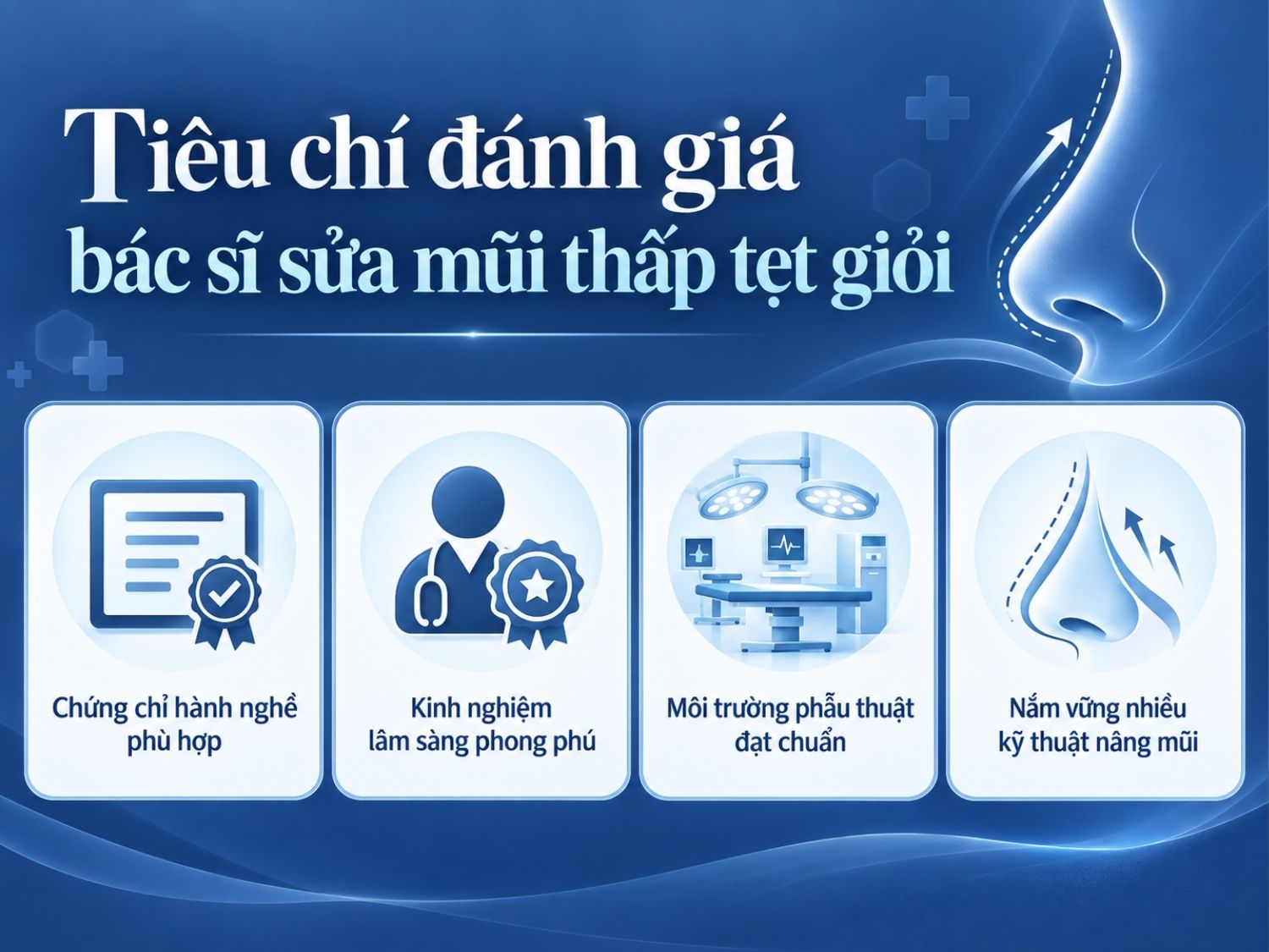 Tiêu chí đánh giá bác sĩ sửa mũi thấp tẹt giỏi gồm có ccchn, kinh nghiệm phong phú, môi trường an toàn