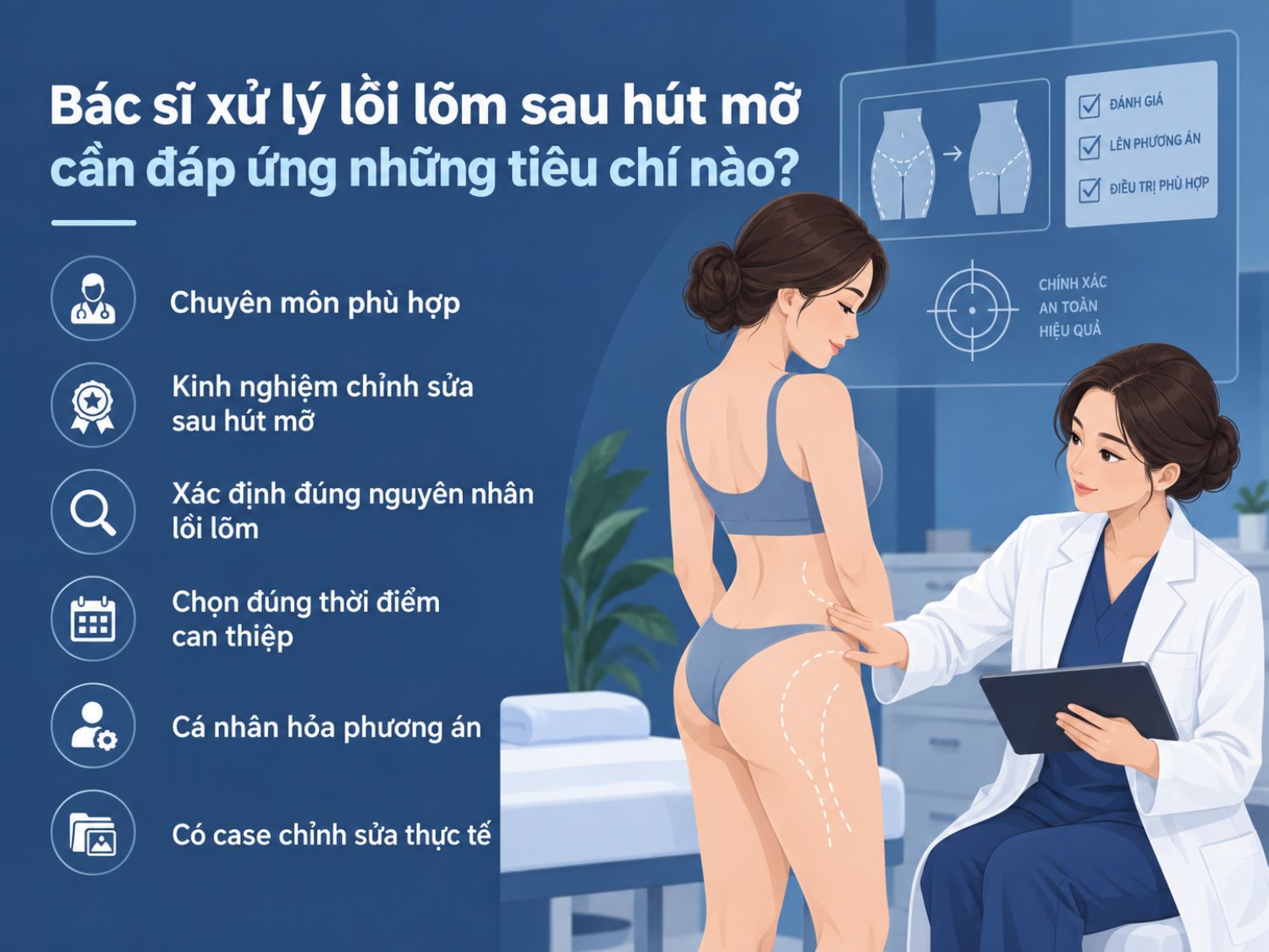 Các tiêu chí quan trọng giúp đánh giá bác sĩ xử lý lồi lõm sau hút mỡ uy tín, từ chuyên môn, kinh nghiệm chỉnh sửa đến khả năng xác định nguyên nhân và xây dựng phương án phù hợp cho từng trường hợp.