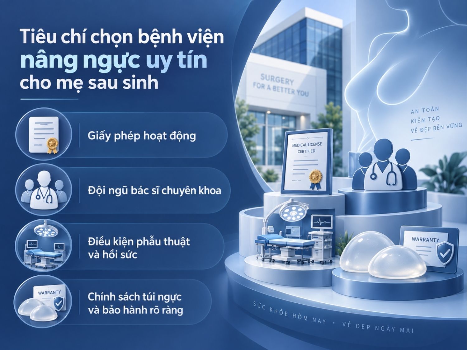 Tiêu chí chọn bệnh viện nâng ngực uy tín gồm giấy phép hoạt động, đội ngũ bác sĩ chuyên khoa, điều kiện phẫu thuật