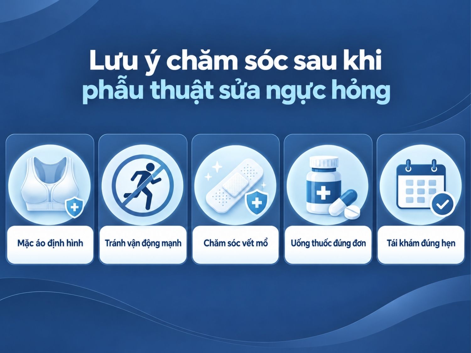 Lưu ý chăm sóc sau khi phẫu thuật sửa ngực hỏng gồm mặc áo định hình, tránh vận động mạnh, chăm sóc vết khâu, uống thuốc