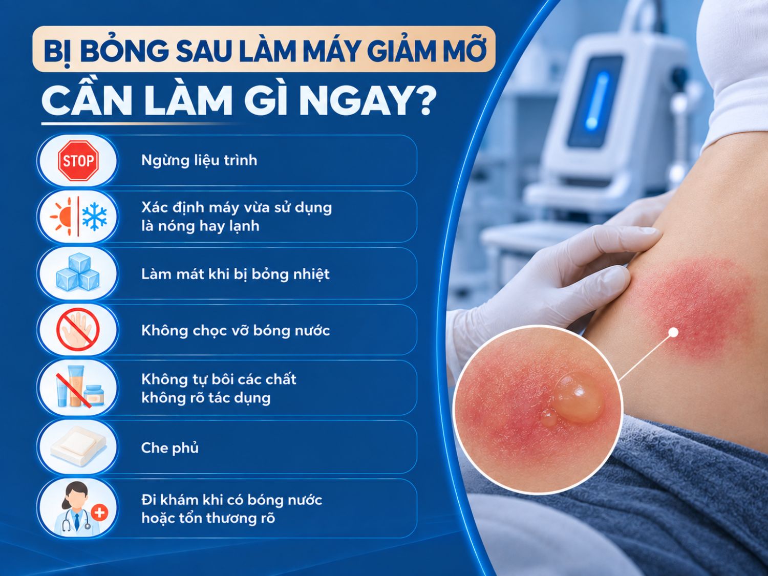Khi nghi ngờ bị bỏng sau làm máy giảm mỡ, cần ngừng liệu trình, xác định loại máy đã sử dụng, làm mát đúng cách nếu là bỏng nhiệt, không chọc vỡ bóng nước, không tự bôi chất không rõ tác dụng và đi khám khi có tổn thương rõ.