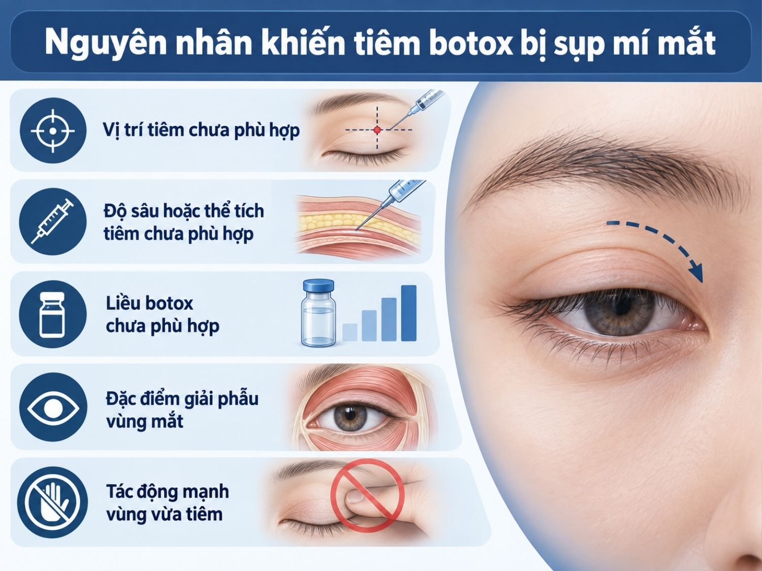  Nguyên nhân khiến tiêm botox bị sụp mí mắt do vị trí tiêm, liều lượng, kỹ thuật