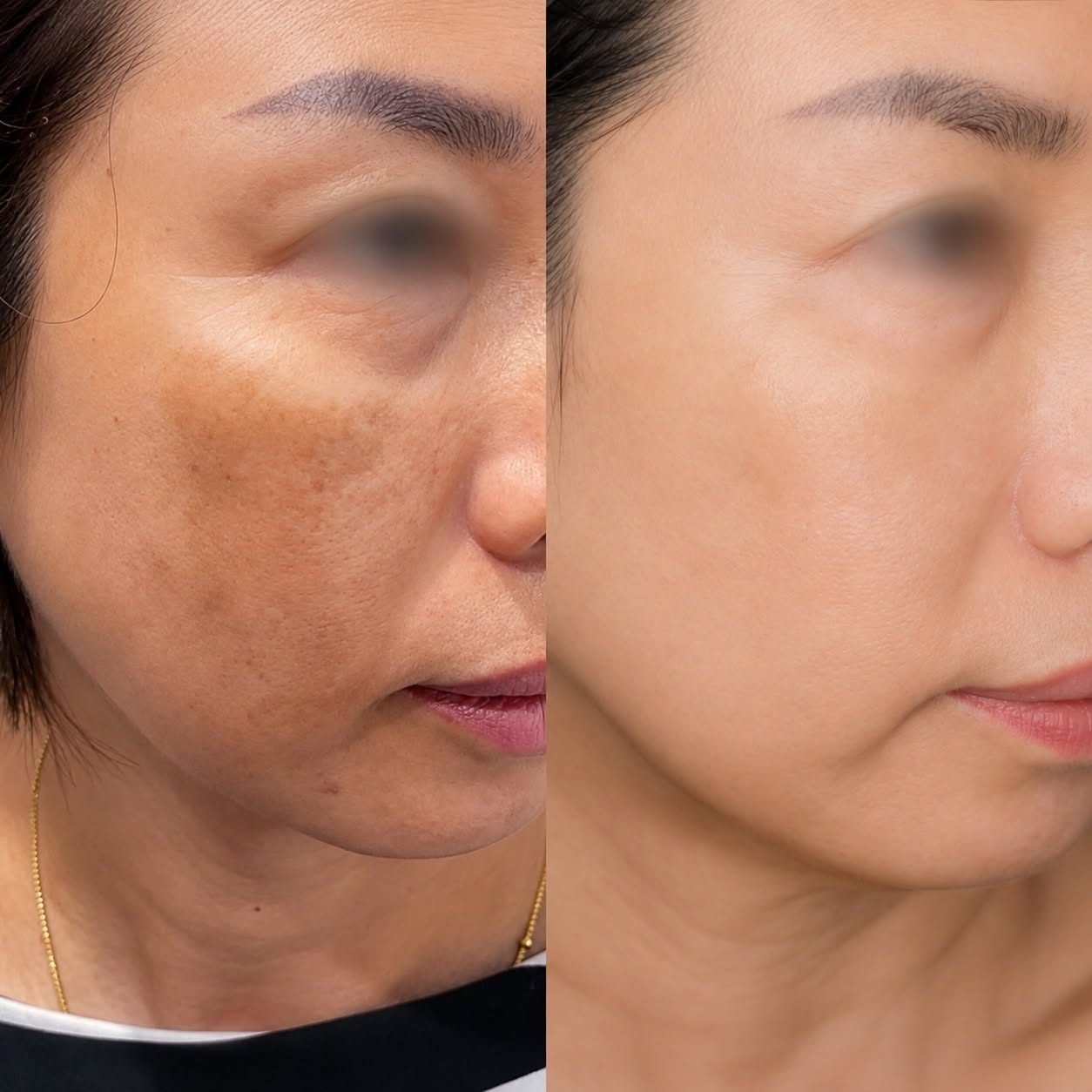 trước và sau liệu trình cho thấy các mảng nám, đốm sắc tố vùng má được cải thiện đáng kể, giúp nền da trông đồng đều hơn. Kết quả thực tế có thể khác nhau tùy tình trạng nám và đáp ứng của từng khách hàng.