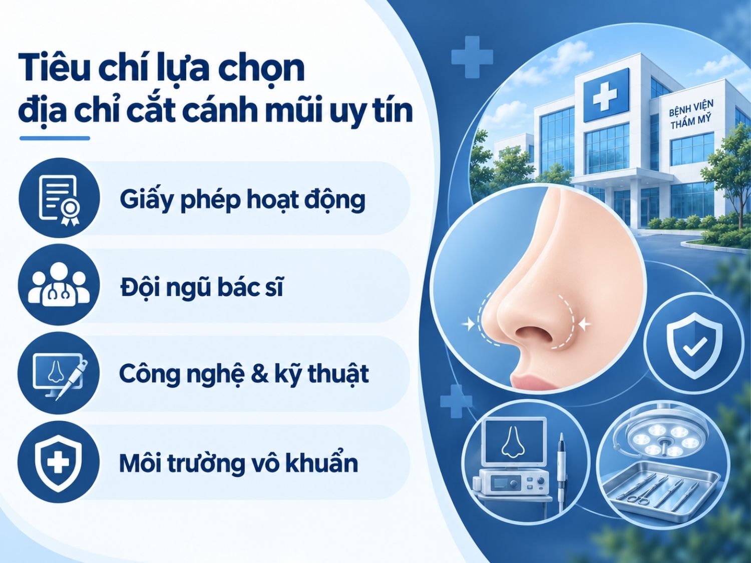 Tiêu chí lựa chọn địa chỉ cắt cánh mũi uy tín gồm giấy phép hoạt động, đội ngũ bác sĩ, công nghệ và môi trường vô khuẩn