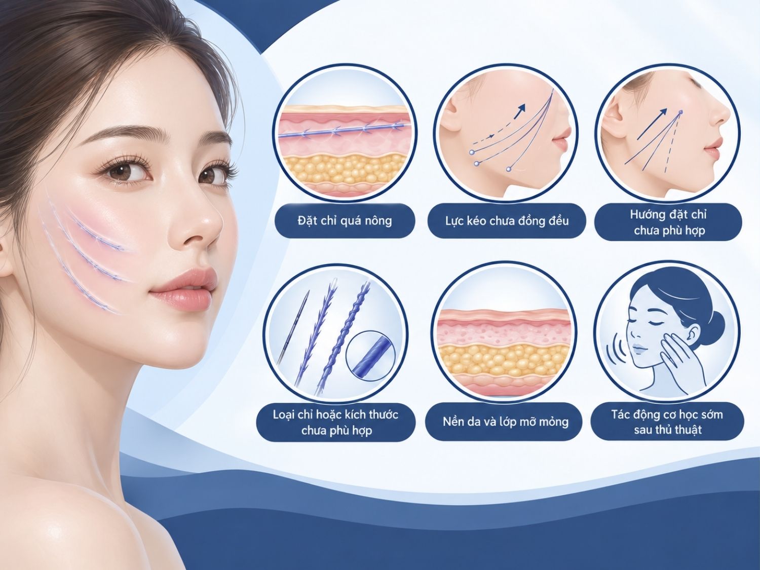 Các nguyên nhân làm chỉ bị lộ dưới da gồm đặt chỉ quá nông, lực kéo không đều...