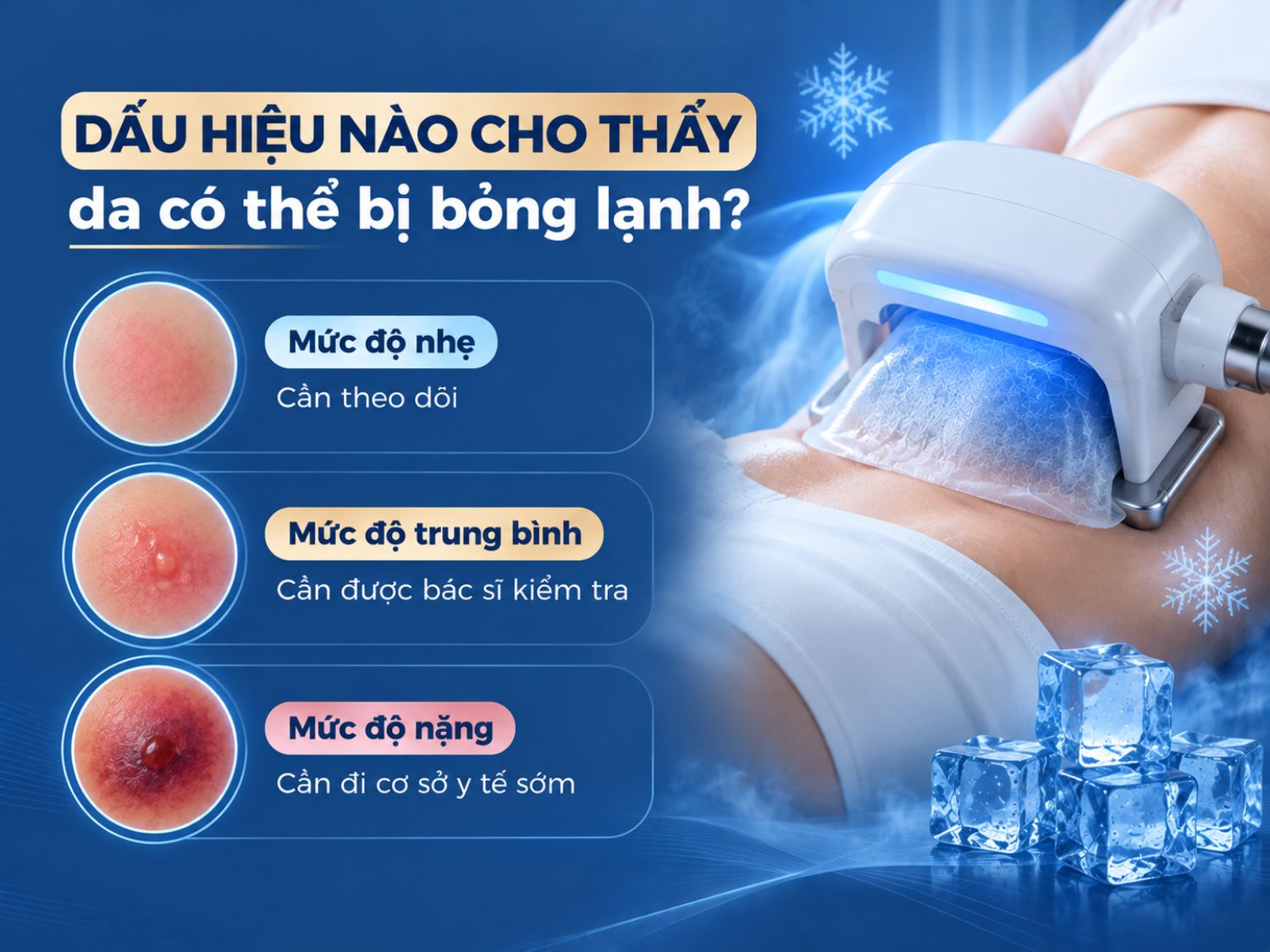 Dấu hiệu bỏng lạnh có thể tiến triển từ đỏ rát nhẹ cần theo dõi, đến phồng rộp cần bác sĩ kiểm tra và tổn thương nặng, đổi màu da cần đến cơ sở y tế sớm.