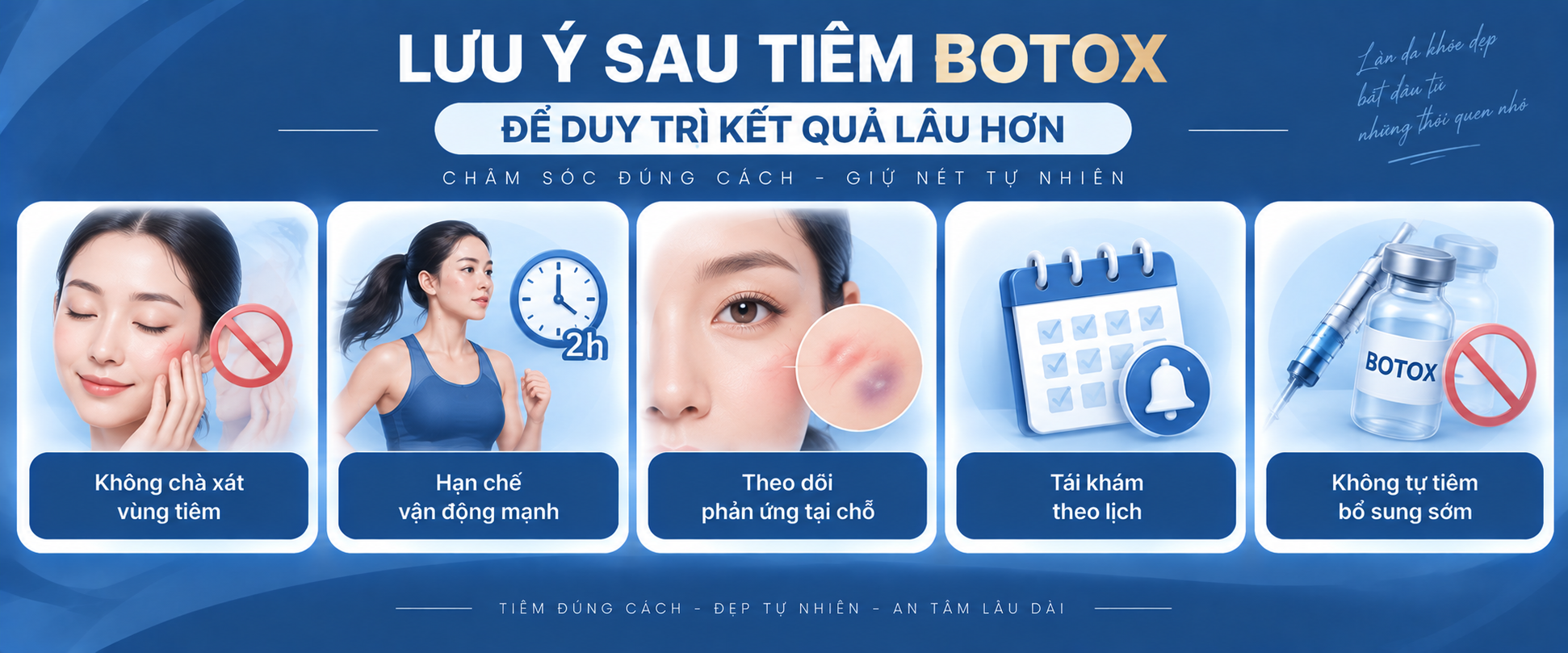 lưu ý sau tiêm botox: không chà xát da, hạn chế vận động, theo dõi các phản ứng, tái khám