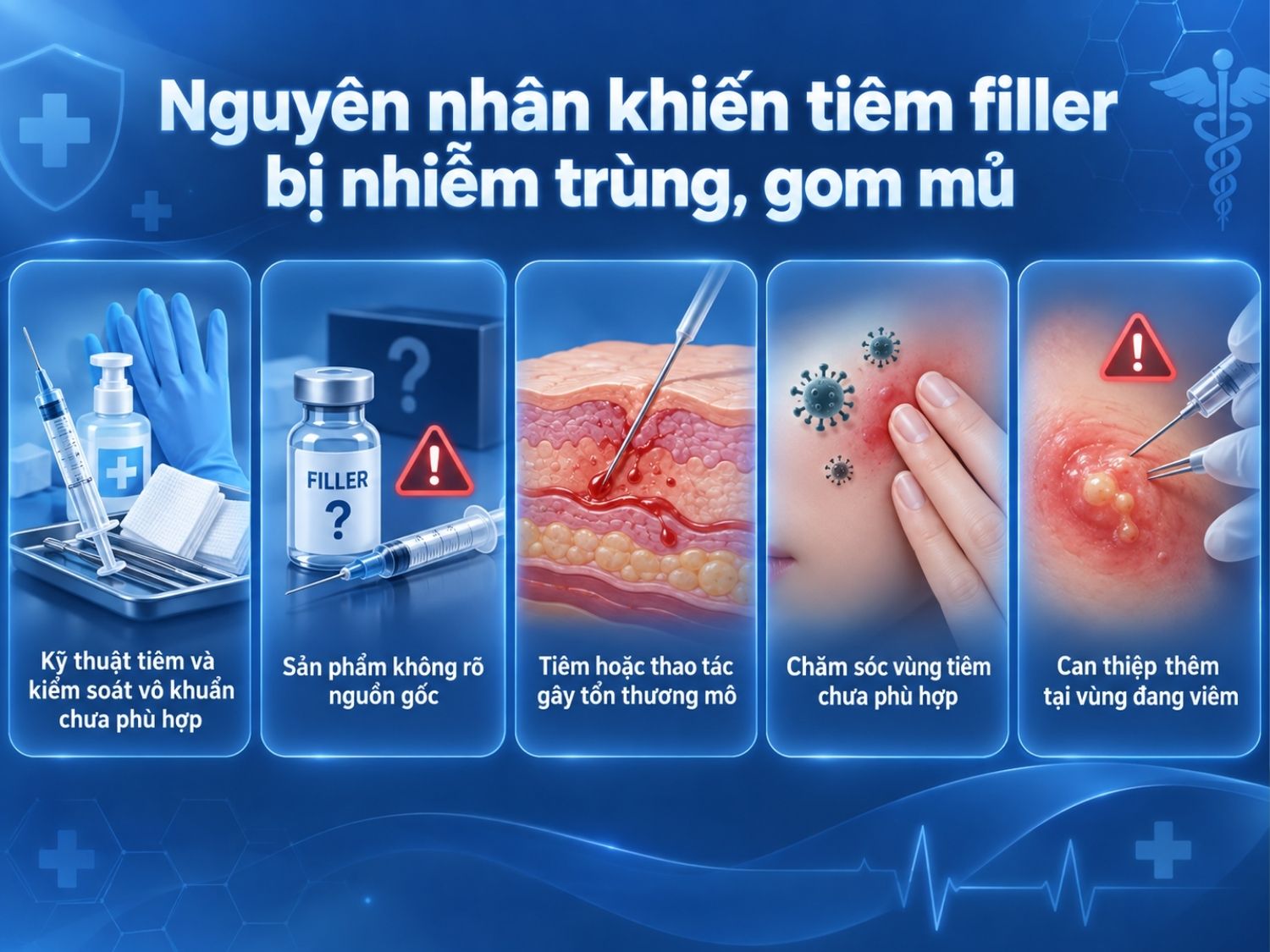 Nguyên nhân khiến tiêm filler bị nhiễm trùng, gom mủ gồm kỹ thuật tiêm sai, filler không rõ nguồn gốc