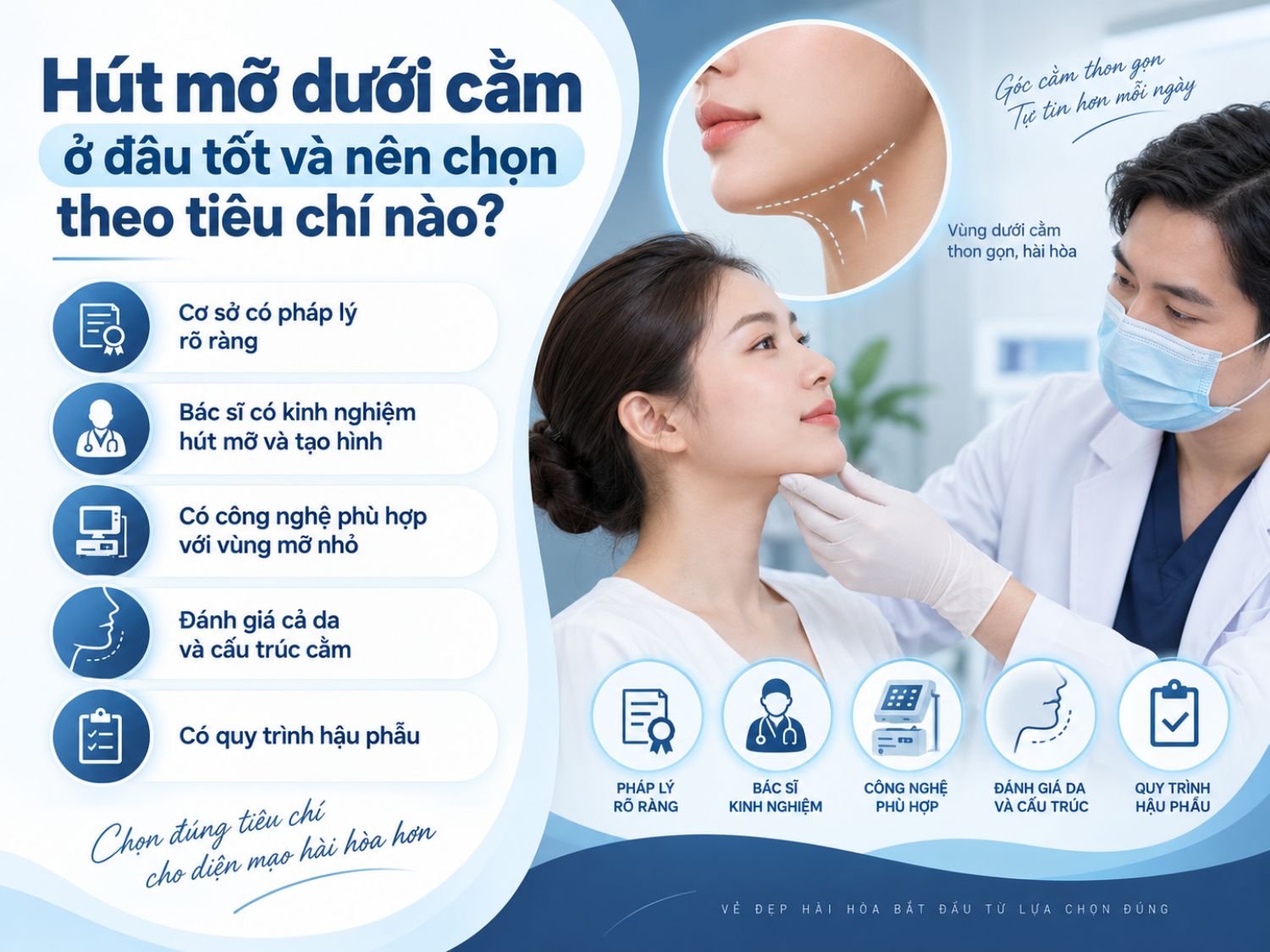 Các tiêu chí quan trọng giúp lựa chọn địa chỉ hút mỡ dưới cằm an toàn và phù hợp, từ pháp lý cơ sở, tay nghề bác sĩ đến công nghệ thực hiện và chăm sóc hậu phẫu.