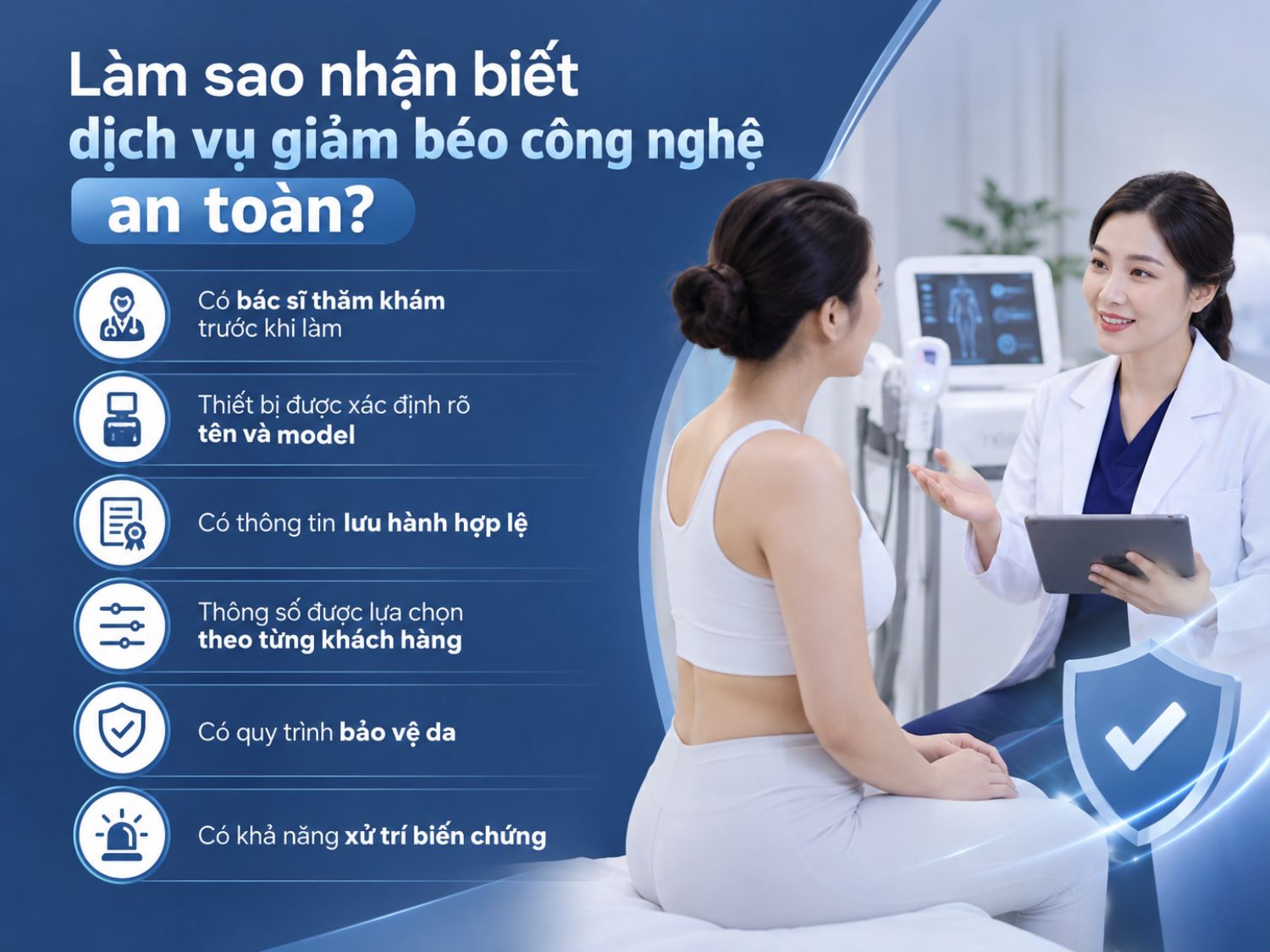 Dịch vụ giảm béo công nghệ an toàn cần có bác sĩ đánh giá trước điều trị, thiết bị xác định rõ tên – model và thông tin lưu hành, thông số phù hợp từng khách hàng, quy trình bảo vệ da và khả năng xử trí biến chứng khi cần.