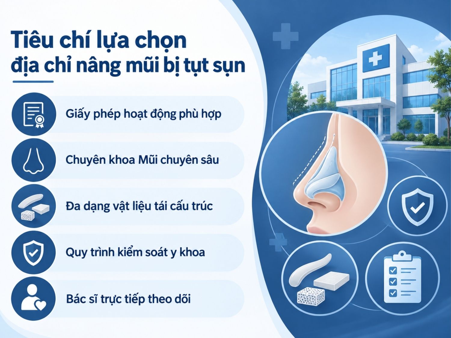 Tiêu chí lựa chọn địa chỉ nâng mũi khi bị tụt sụn gồm giấy phép hoạt động, chuyên khoa nâng mũi, đa dạng vât liệu