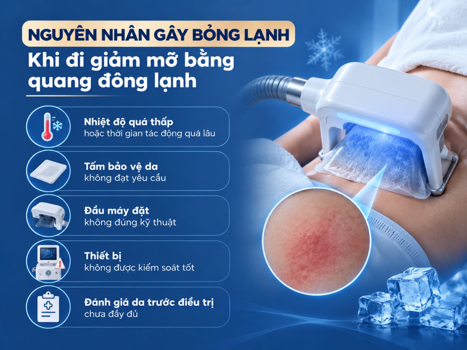 Bỏng lạnh khi quang đông hủy mỡ có thể xảy ra nếu nhiệt độ hoặc thời gian tác động không phù hợp, lớp bảo vệ da không đảm bảo, đầu máy đặt sai kỹ thuật, thiết bị kiểm soát kém hoặc chưa đánh giá kỹ tình trạng da trước điều trị.