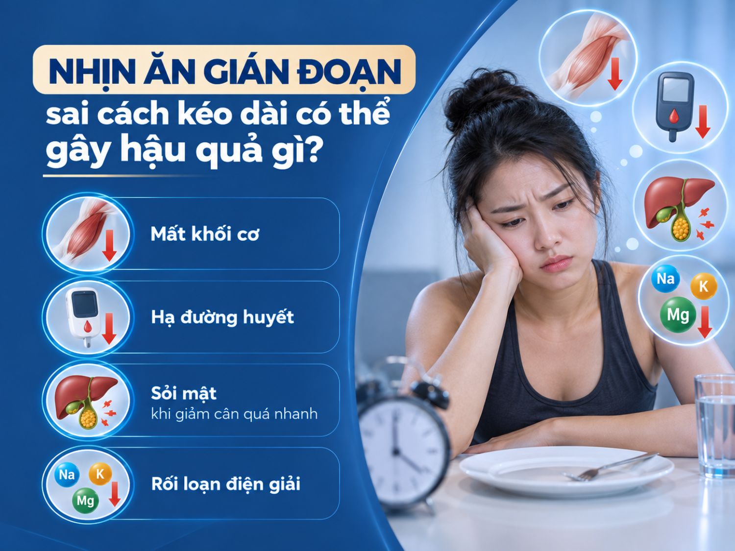 Nhịn ăn gián đoạn không đúng cách hoặc kéo dài quá mức có thể làm cơ thể mất khối cơ, hạ đường huyết, tăng nguy cơ sỏi mật khi giảm cân quá nhanh và gây rối loạn điện giải. Vì vậy, cần áp dụng chế độ ăn phù hợp và theo dõi sức khỏe trong quá trình giảm cân.