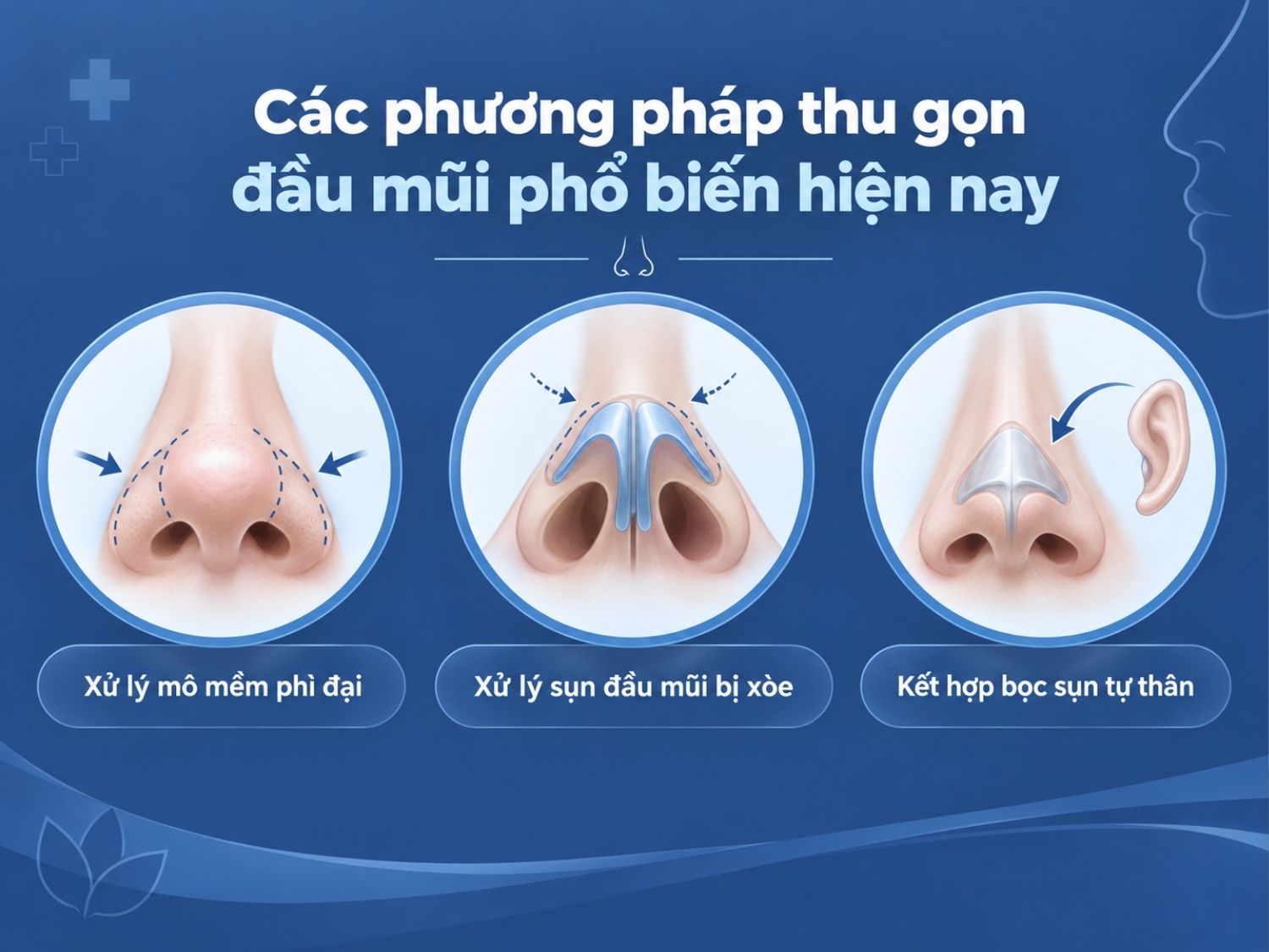 Các phương pháp thu gọn đầu mũi phổ biến hiện nay gồm xử lý mô mềm phì đại, xử lý xụn đầu mũi xòe, kết hợp bọc sụn tự thân