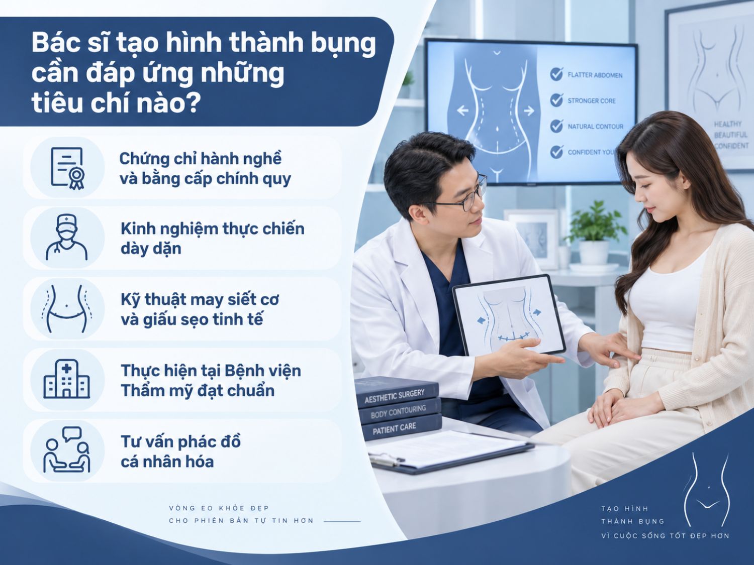 Hình ảnh tóm tắt những tiêu chí quan trọng khi lựa chọn bác sĩ tạo hình thành bụng, giúp khách hàng đánh giá mức độ an toàn, chuyên môn và khả năng cá nhân hóa phác đồ điều trị.
