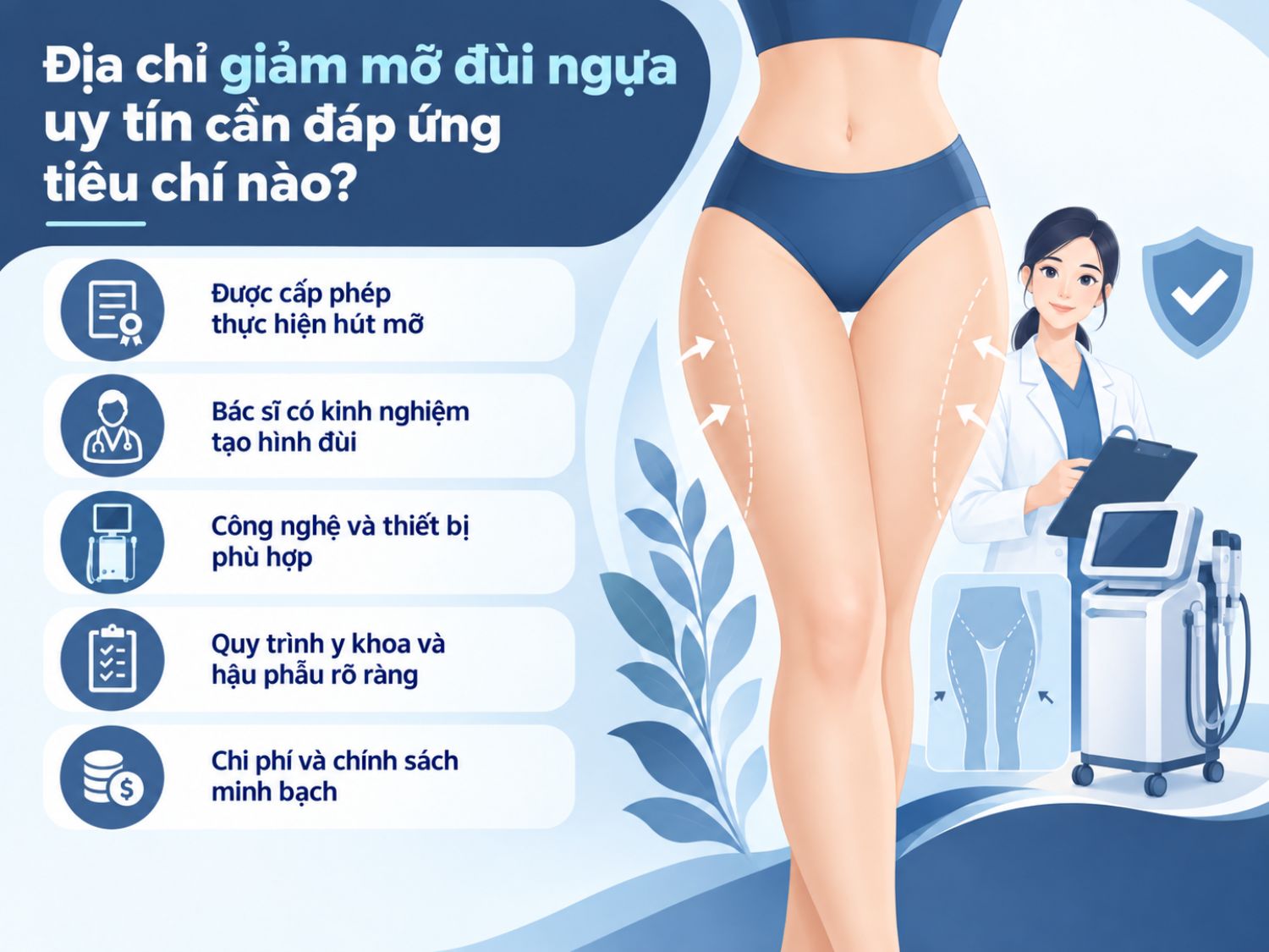 Các tiêu chí quan trọng giúp lựa chọn địa chỉ giảm mỡ đùi ngựa uy tín, an toàn và phù hợp với nhu cầu thẩm mỹ.