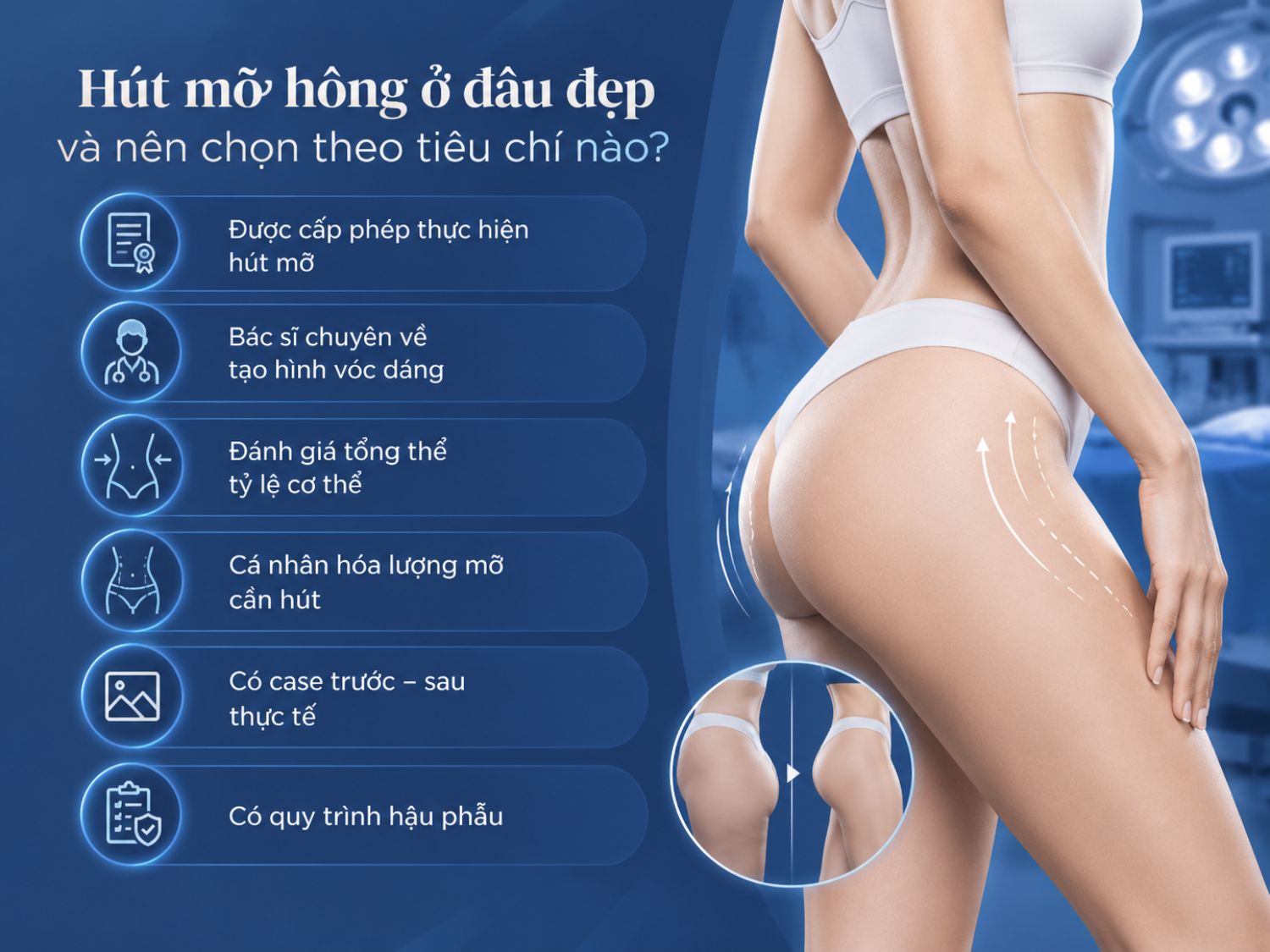 Khi lựa chọn địa chỉ hút mỡ hông, nên ưu tiên cơ sở được cấp phép, bác sĩ có kinh nghiệm tạo hình vóc dáng, đánh giá tổng thể cơ thể và có quy trình chăm sóc hậu phẫu rõ ràng.