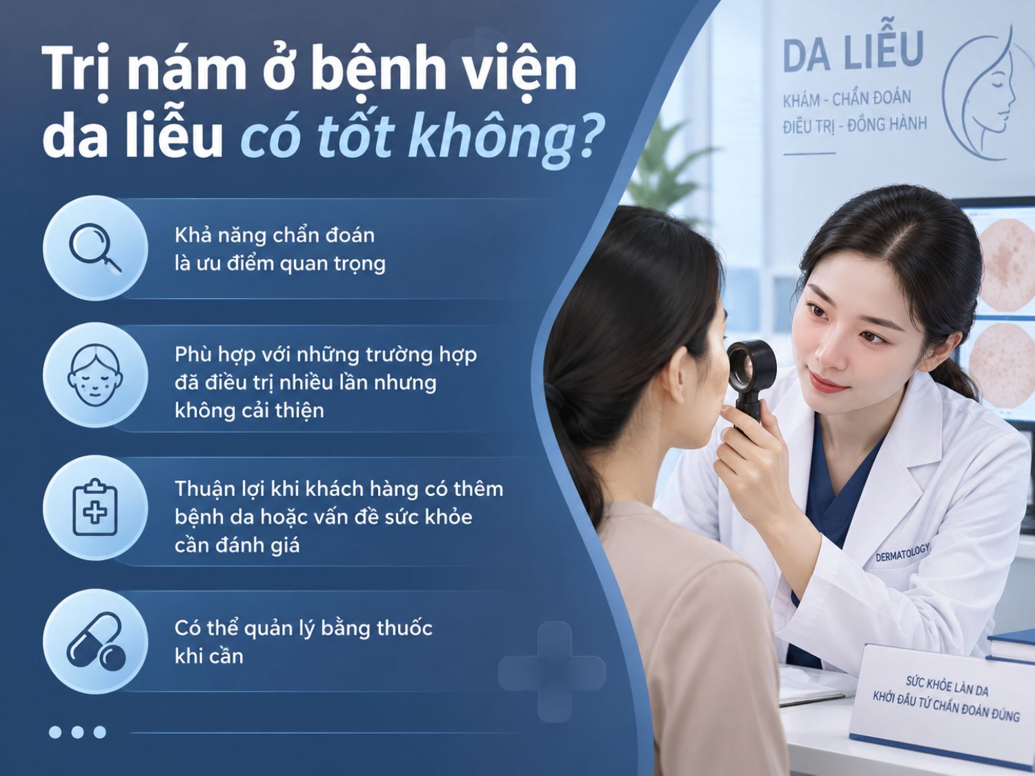 Thăm khám tại bệnh viện da liễu giúp đánh giá chính xác tình trạng nám, các vấn đề da đi kèm và lựa chọn phương pháp điều trị phù hợp, đặc biệt với những trường hợp nám lâu năm hoặc đã điều trị nhiều lần nhưng chưa cải thiện.
