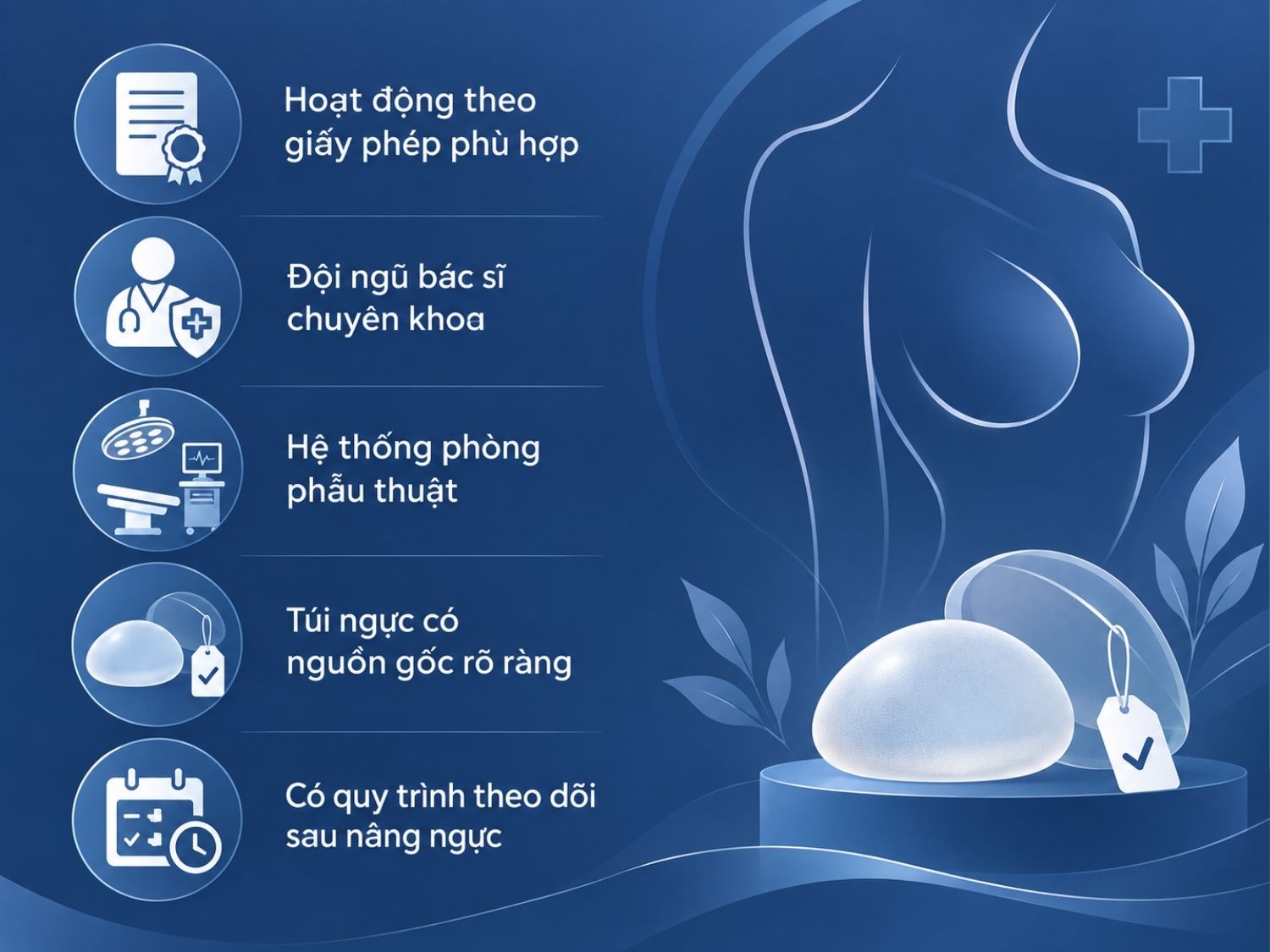 Tiêu chí quan trọng khi chọn địa chỉ nâng ngực gồm có giấy phép, bác sĩ chuyên khoa, hệ thống phòng phẫu thuật chuẩn, túi ngực nguồn gốc rõ