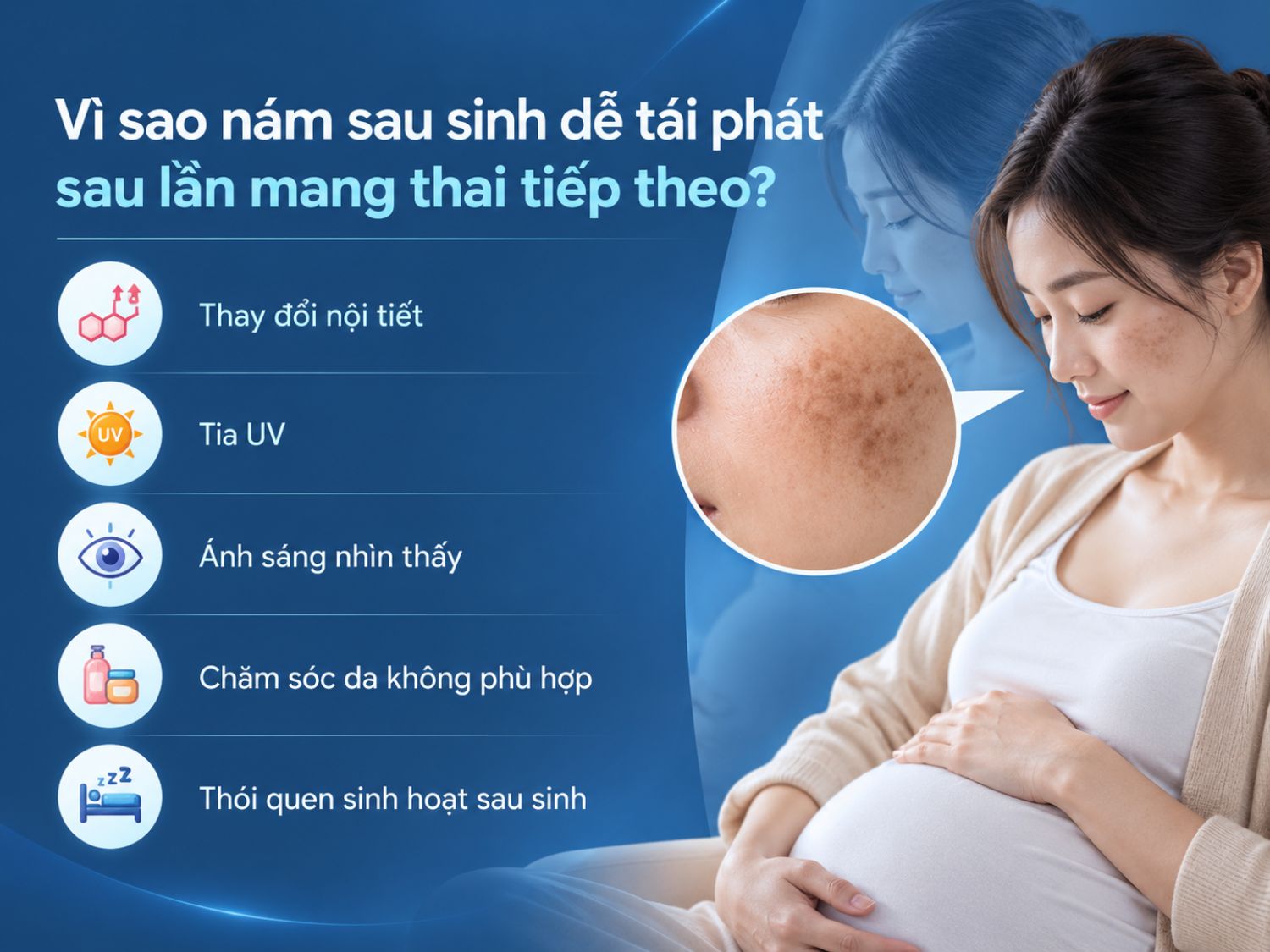Nám sau sinh có thể tái phát khi mang thai lần tiếp theo do biến động nội tiết làm tăng hoạt động tế bào sắc tố, kết hợp với tia UV, ánh sáng nhìn thấy, chăm sóc da chưa phù hợp và thay đổi sinh hoạt sau sinh.