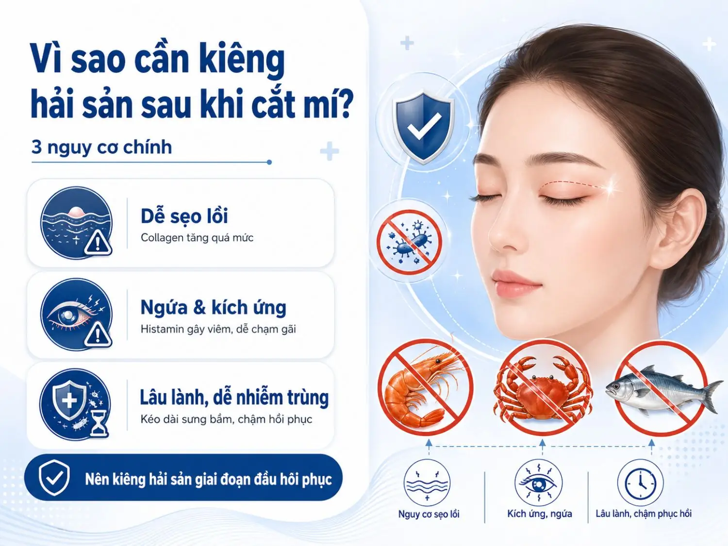 Sau cắt mí, vùng da mí mắt còn mỏng và nhạy cảm nên hải sản có thể làm tăng nguy cơ kích ứng, ngứa, sưng viêm hoặc hình thành sẹo lồi ở một số cơ địa.