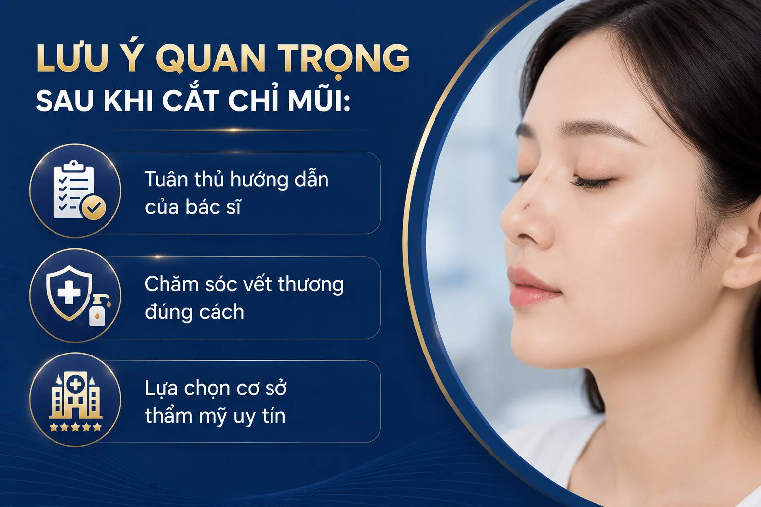 ảnh mô tả các lưu ý sau khi cắt chỉ mũi gồm tuân thủ hướng dẫn bác sĩ, chăm sóc vết thương và chon cơ sở uy tín