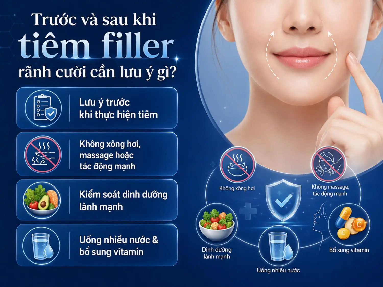 Trước và sau khi tiêm filler rãnh cười, nên hạn chế tác động mạnh lên vùng tiêm, duy trì chế độ sinh hoạt lành mạnh và uống đủ nước để hỗ trợ filler ổn định tốt hơn.