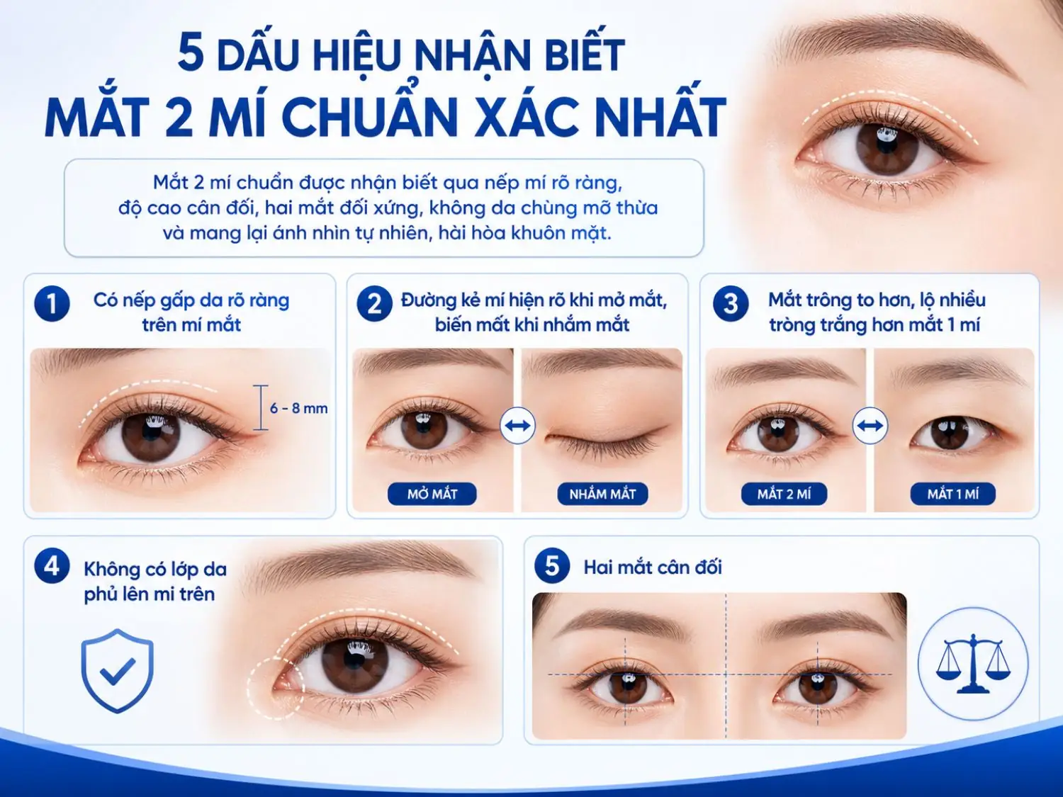 5 tiêu chí giúp nhận biết mắt 2 mí chuẩn: nếp mí rõ ràng, độ cao 6–8mm, mắt cân đối và ánh nhìn tự nhiên