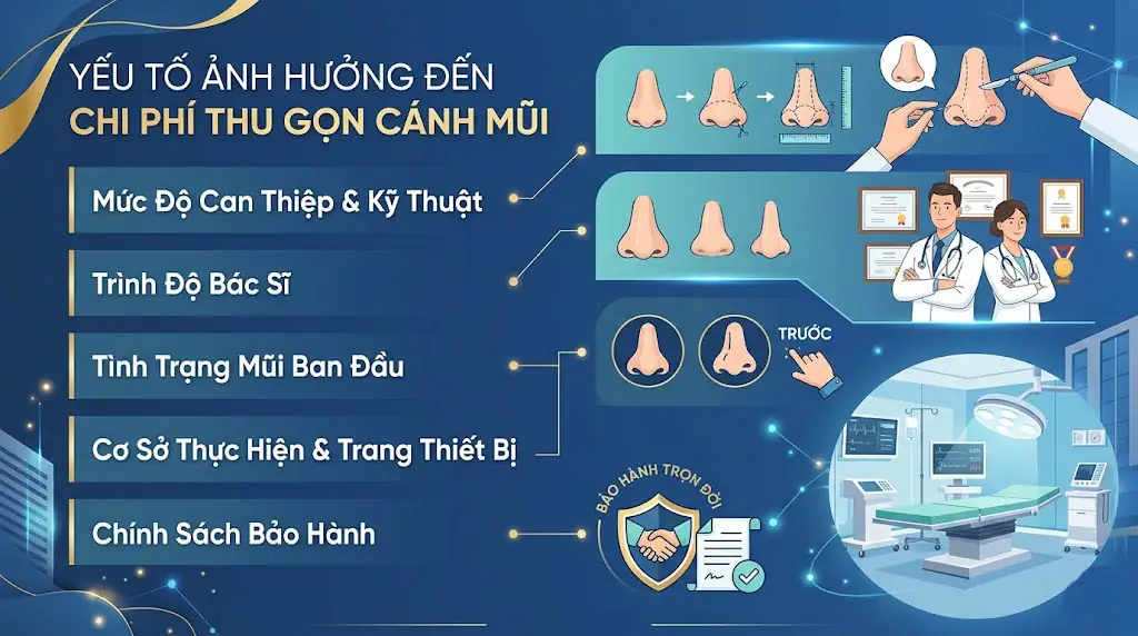 ảnh mô tả các yếu tố ảnh hưởng giá cắt cánh mũi gồm: Mức độ can thiệp, kỹ thuật thực hiện, trình độ bác sĩ , tình trạng mũi ban đầu, cơ sở thực hiện và chính sách bảo hành là các yếu tố ảnh hưởng đến chi phí thu gọn cánh mũi.