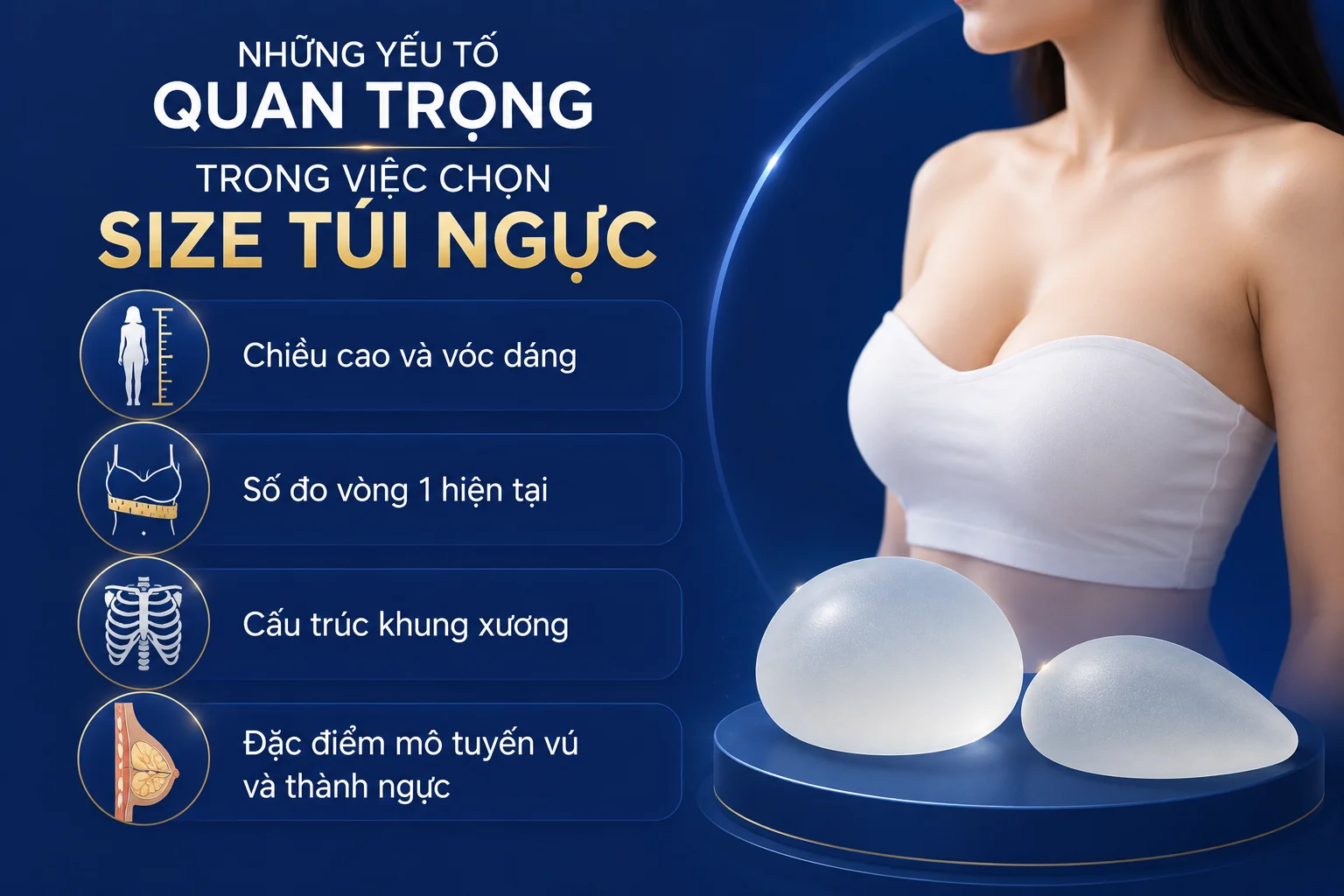 ảnh mô tả các Những yếu tố quan trọng trong việc chọn size túi ngực gồm vóc dáng, số đo vòng 1, cấu trúc khung xương, đặc điểm tuyến vú