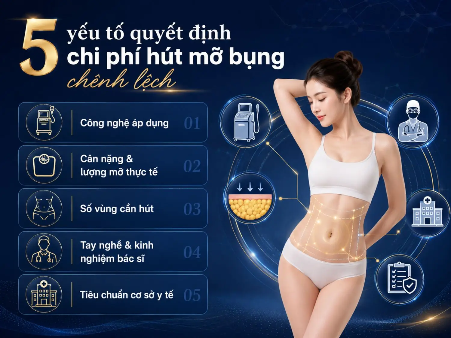 Chi phí hút mỡ bụng có thể khác nhau giữa từng khách hàng do phụ thuộc vào công nghệ thực hiện, lượng mỡ cần xử lý, số vùng hút, kinh nghiệm bác sĩ và tiêu chuẩn an toàn của cơ sở y tế.