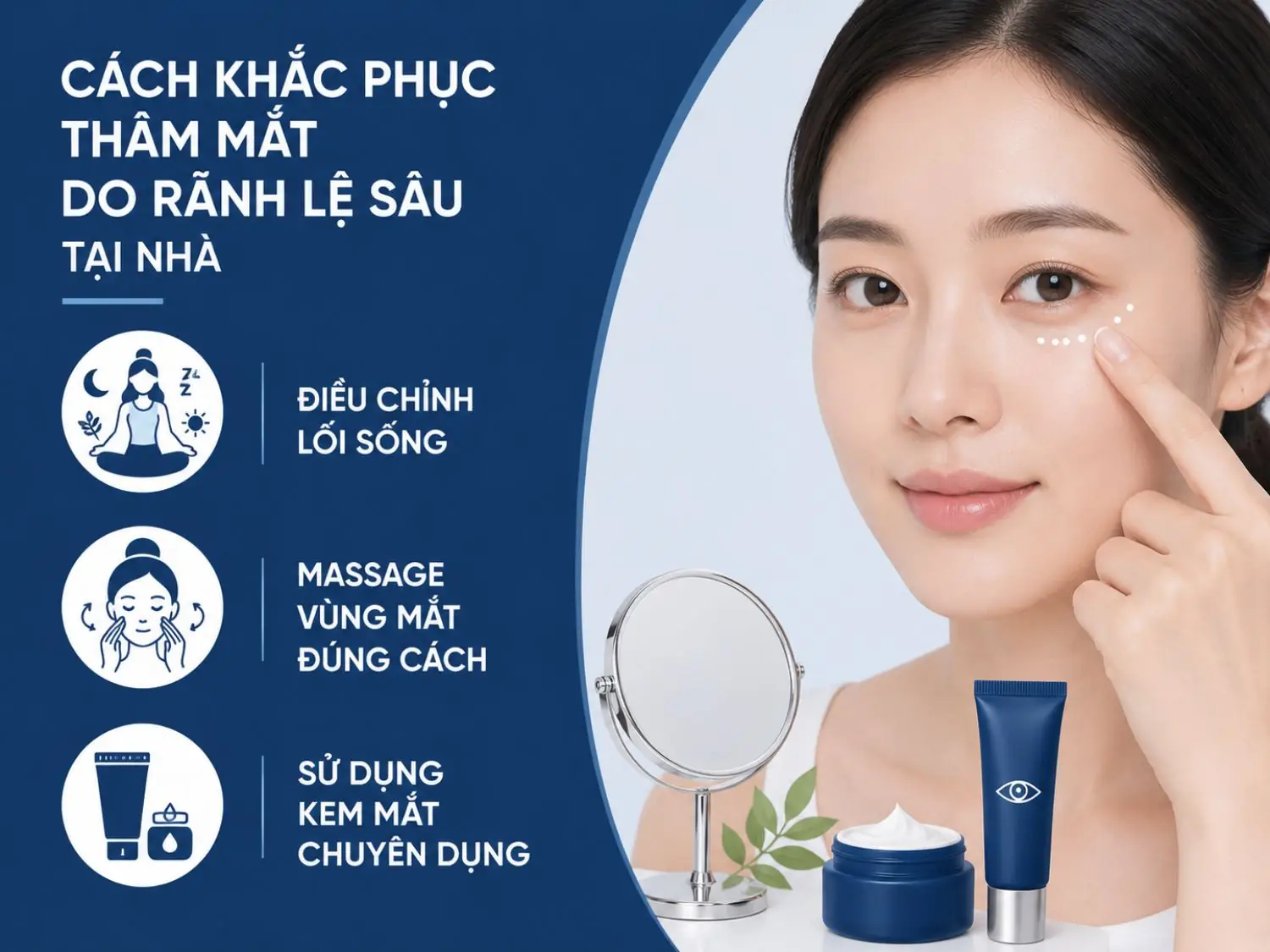 Một số phương pháp tại nhà như ngủ đủ giấc, massage đúng cách và dùng kem mắt chuyên dụng có thể hỗ trợ cải thiện quầng thâm và vùng rãnh lệ sâu hiệu quả hơn.