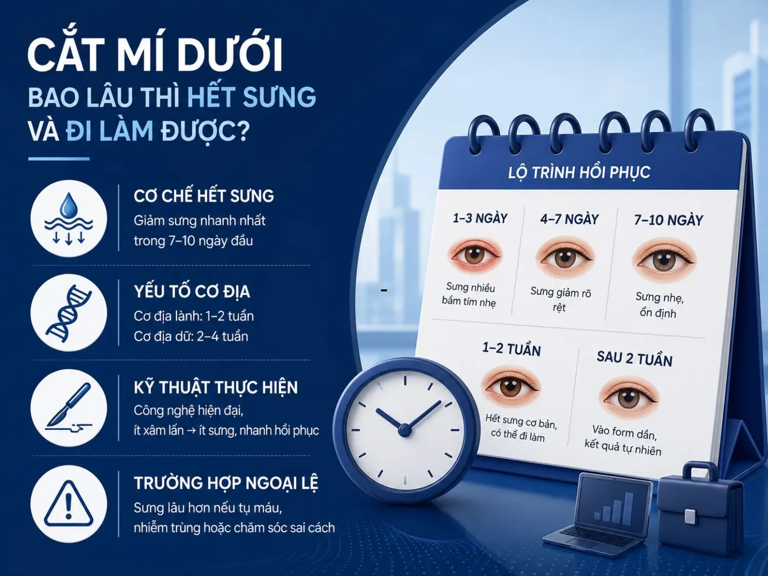 Sau cắt mí dưới, tình trạng sưng thường giảm rõ trong 7–10 ngày đầu. Tốc độ hồi phục phụ thuộc vào cơ địa, kỹ thuật thực hiện và chế độ chăm sóc hậu phẫu.