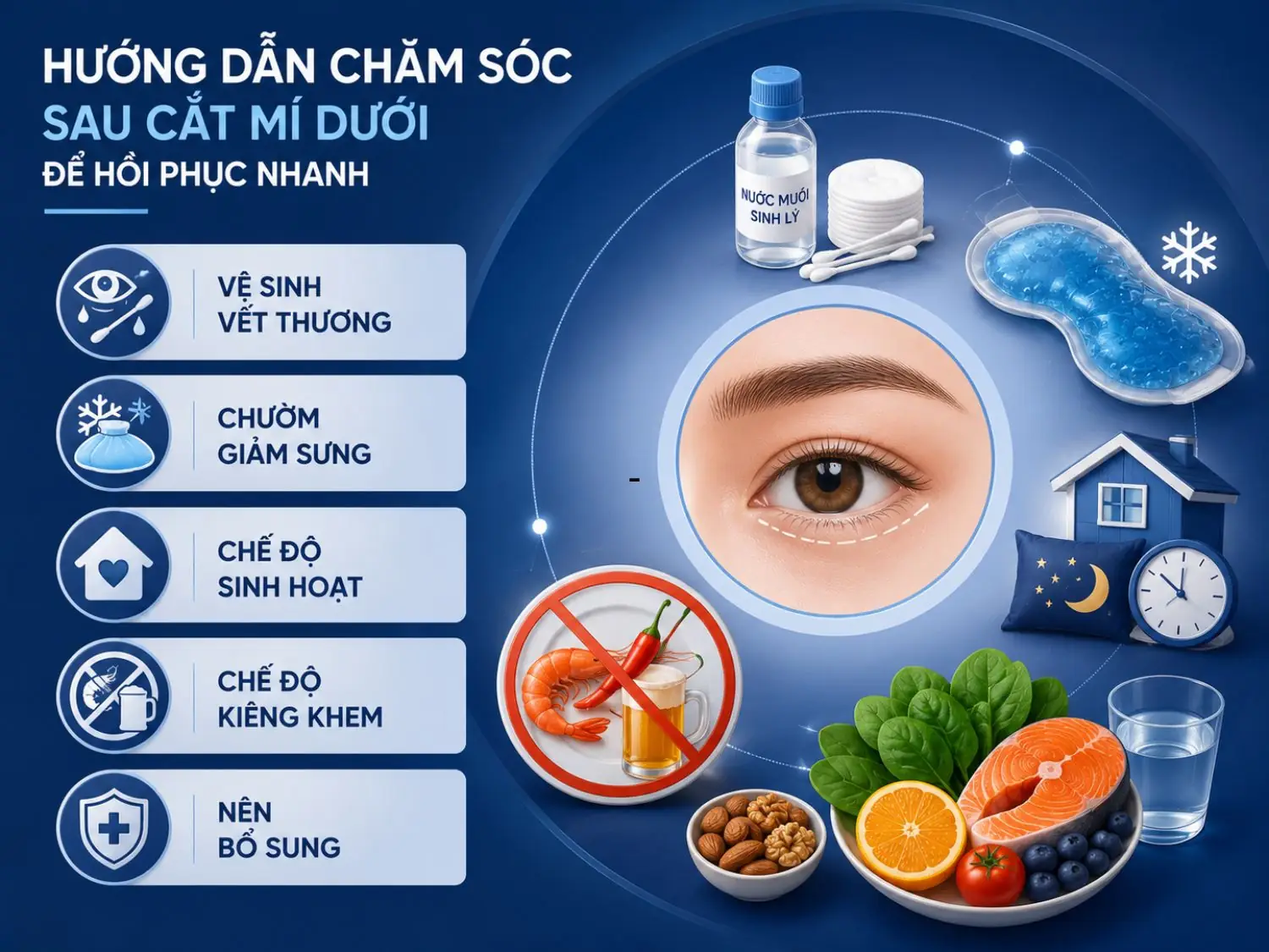 Chăm sóc đúng cách sau cắt mí dưới giúp giảm sưng nhanh, hạn chế biến chứng và hỗ trợ mí vào form tự nhiên hơn. Nên chú ý vệ sinh, nghỉ ngơi, kiêng khem hợp lý và bổ sung thực phẩm tốt cho lành thương.