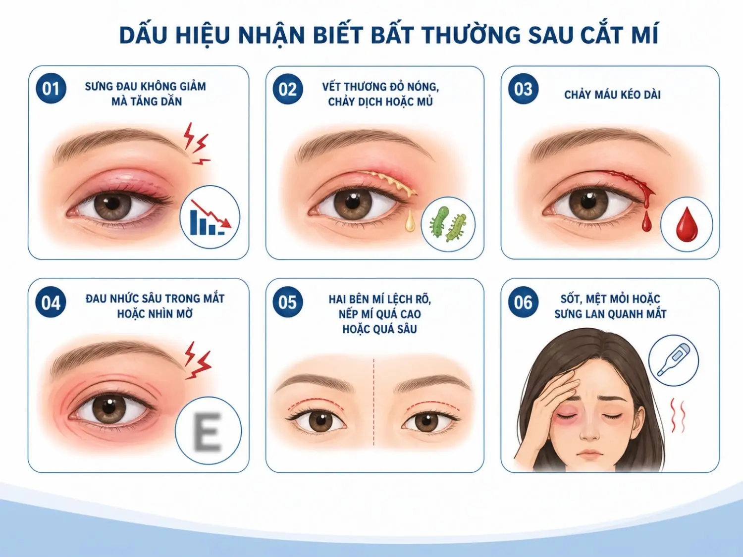 Dấu hiệu bất thường sau cắt mí gồm sưng đau kéo dài, nhiễm trùng, chảy máu, nhìn mờ và mí lệch