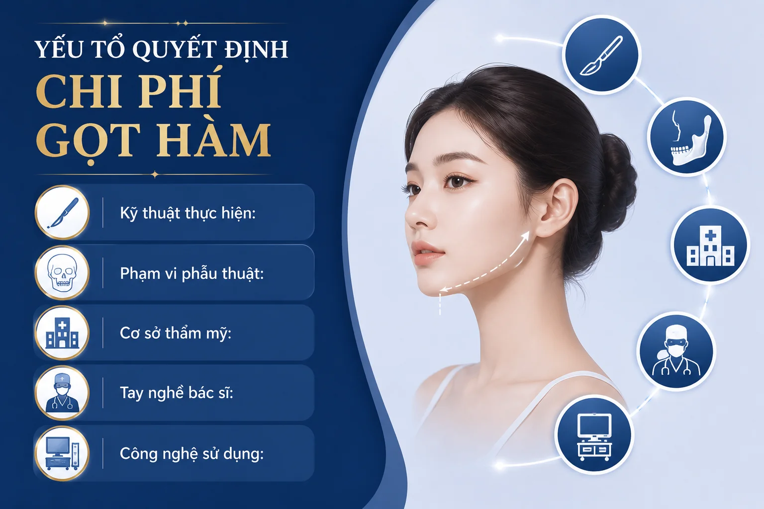 ảnh mô tả các yếu tố quyết định chi phí gọt hàm Kỹ thuật của bác sĩ, phạm vi phẫu thuật, cơ sở thẩm mỹ, tay nghề bác sĩ và công nghệ áp dụng là các yếu tố ảnh hưởng đến chi phí phẫu thuật gọt hàm.
